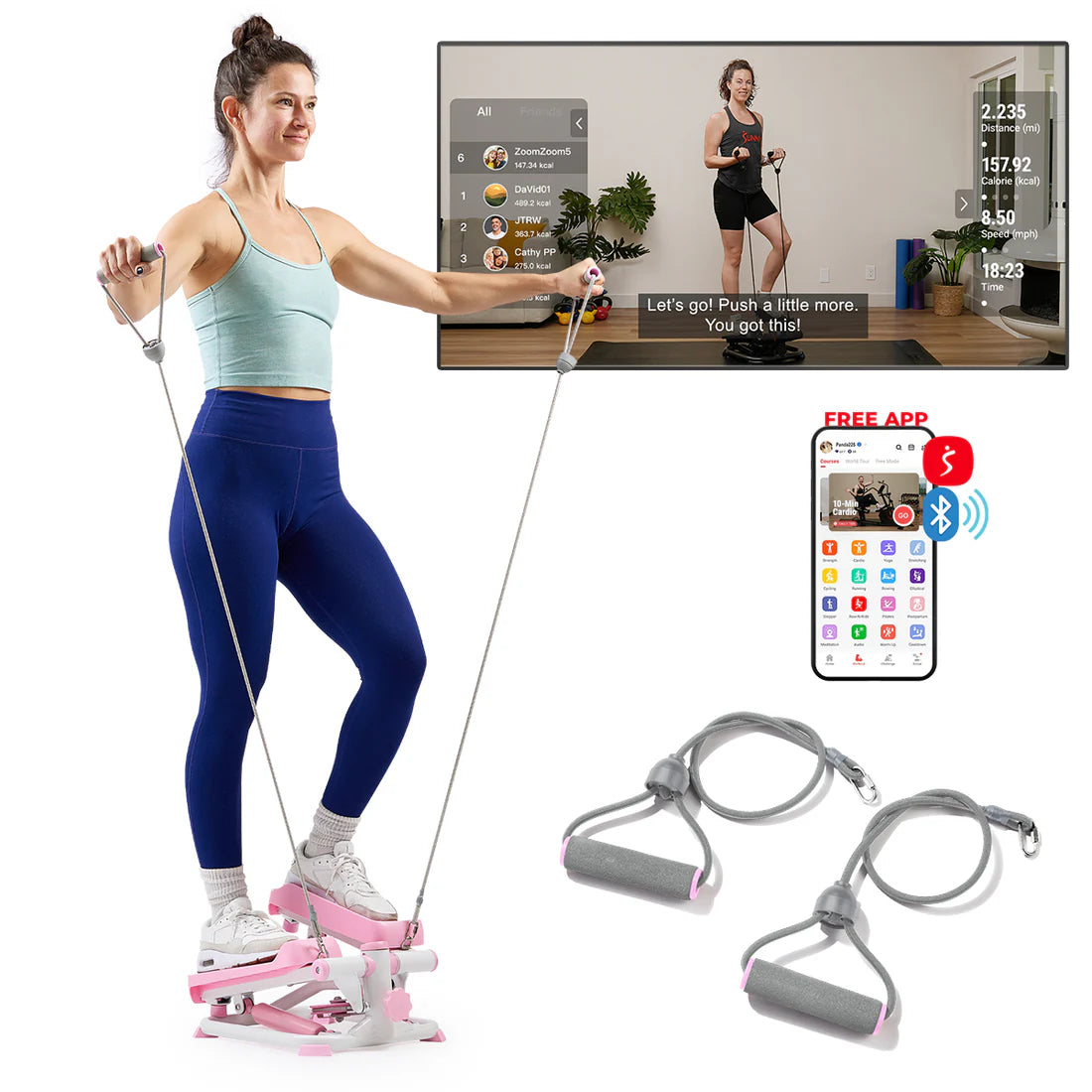 Smart Pink Mini Stepper With Resistance Bands