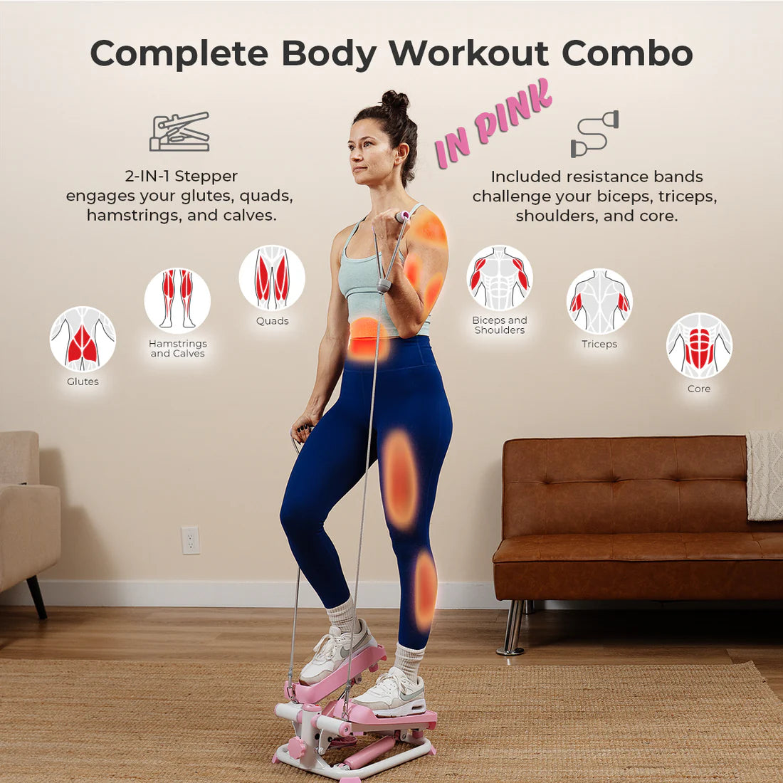 Smart Pink Mini Stepper With Resistance Bands