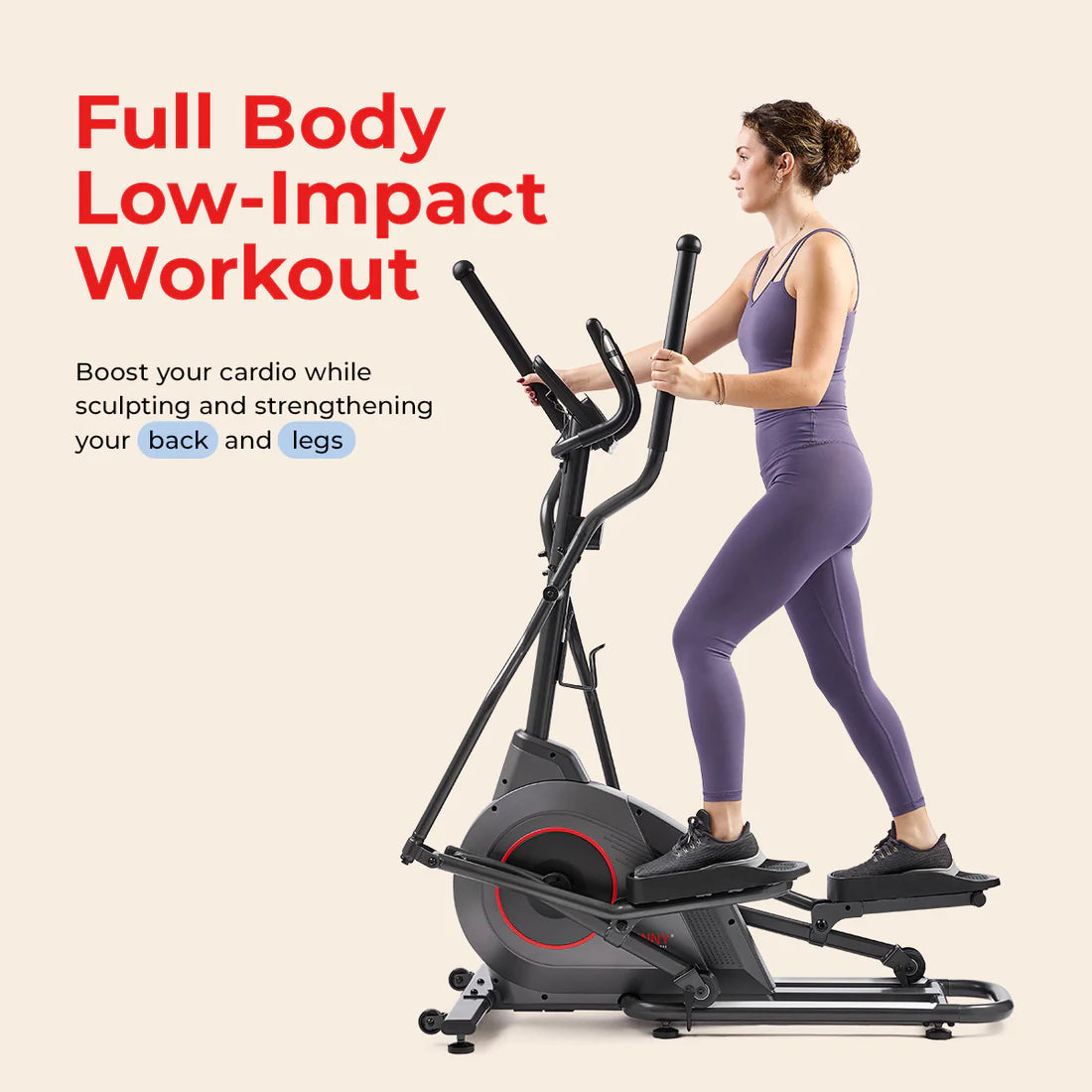 Woman exercising on an elliptical machine with text about full body low-impact workout.
