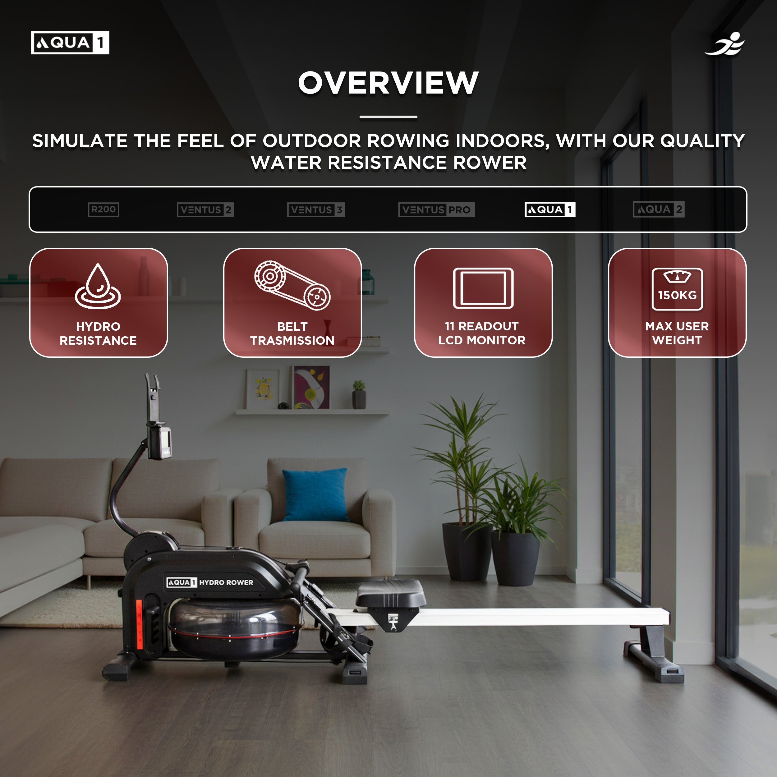 Aqua 1 Water Resistance Rowing Machine - Water and Elastic Dual Resistance Rower for Home Use, 11 Readout LCD Monitor