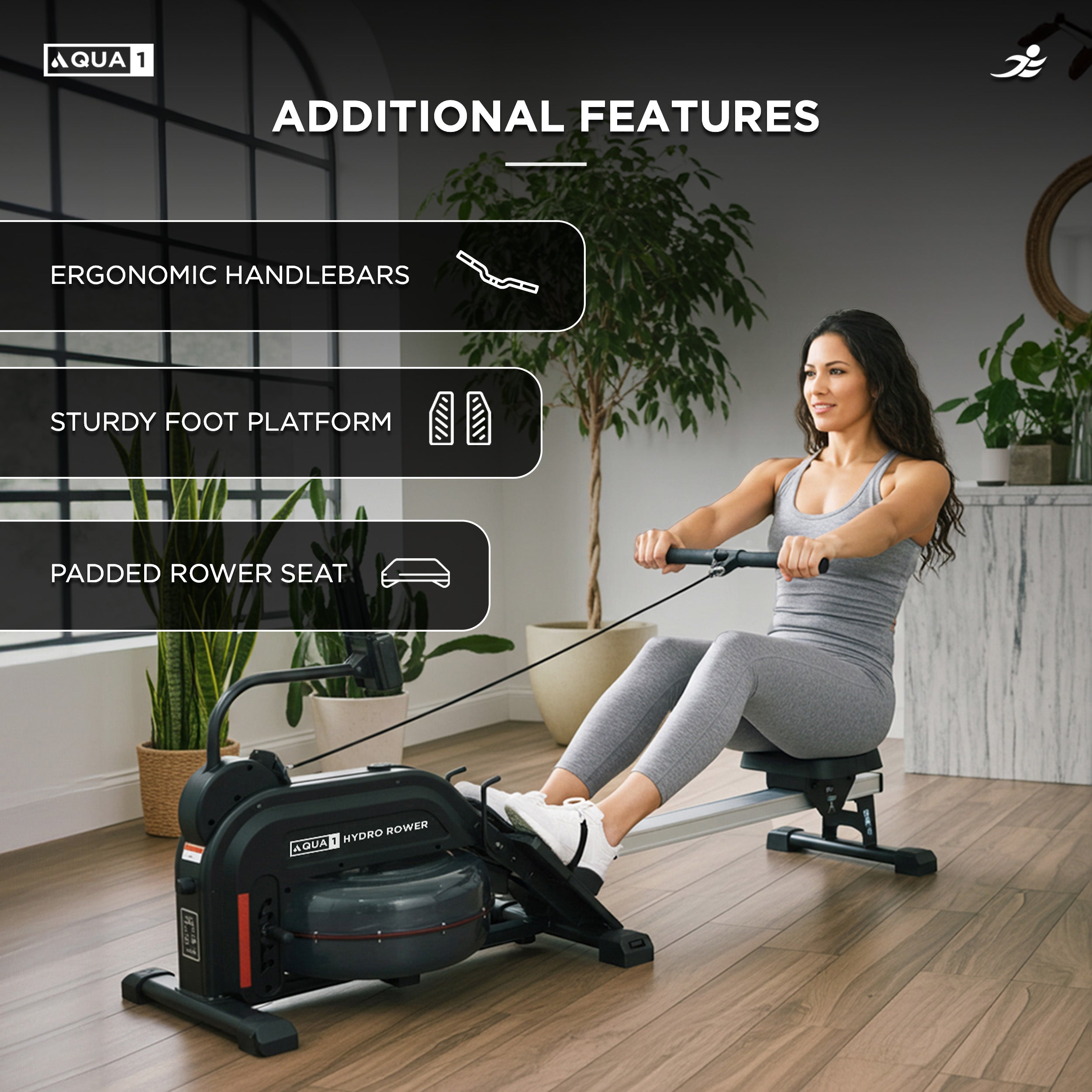 Aqua 1 Water Resistance Rowing Machine - Water and Elastic Dual Resistance Rower for Home Use, 11 Readout LCD Monitor