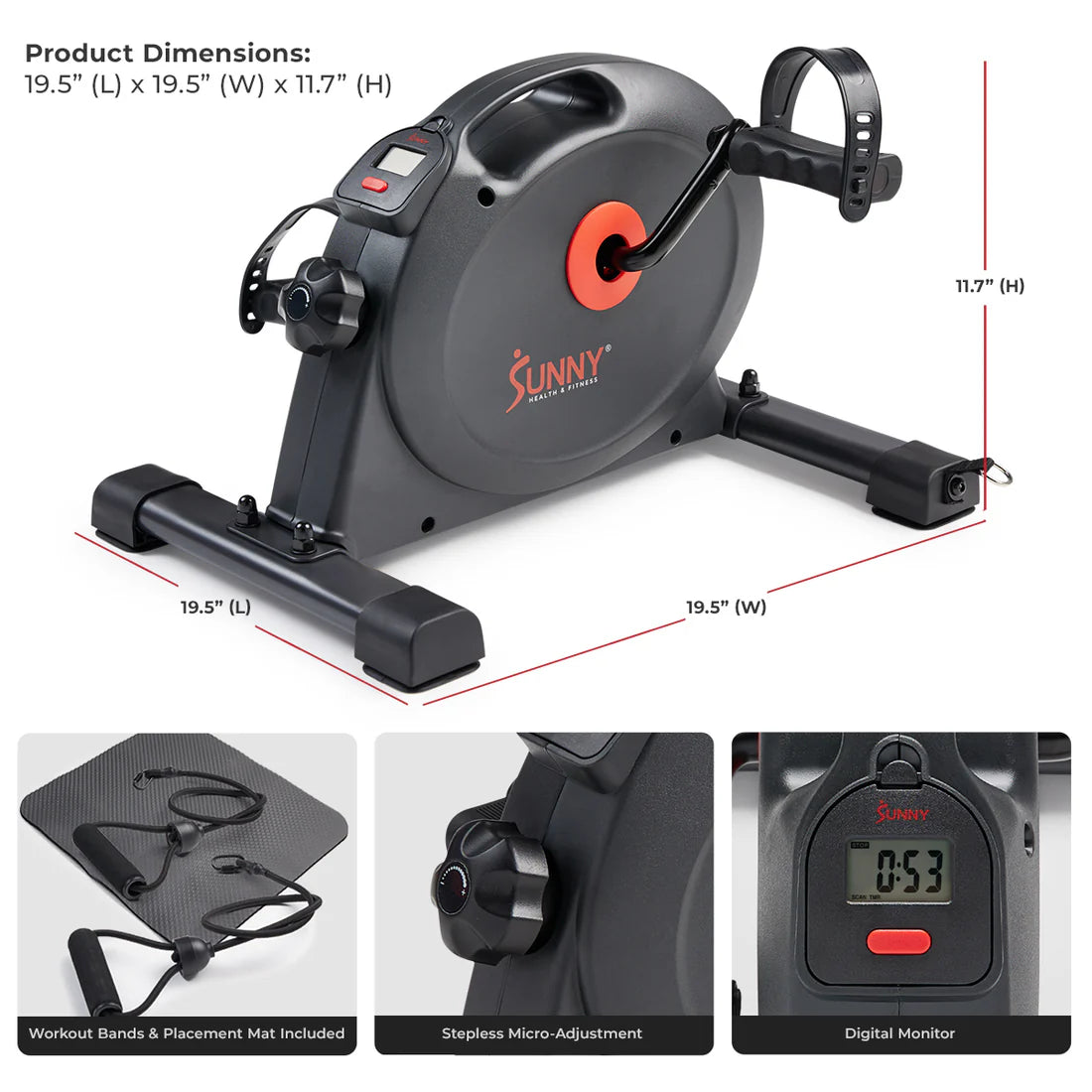 Sunny brand exercise bike with dimensions and features highlighted on a white background
