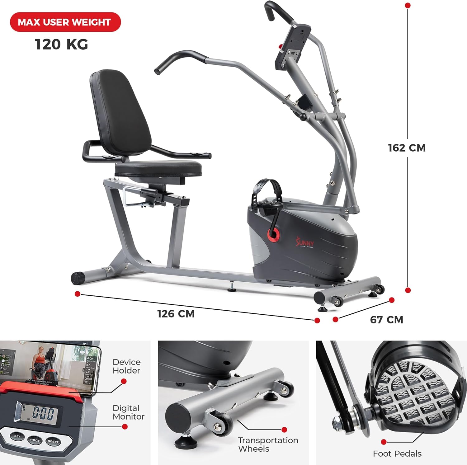 Sunny Health & Fitness Performance Interactive Recumbent Bike with Arm Exerciser