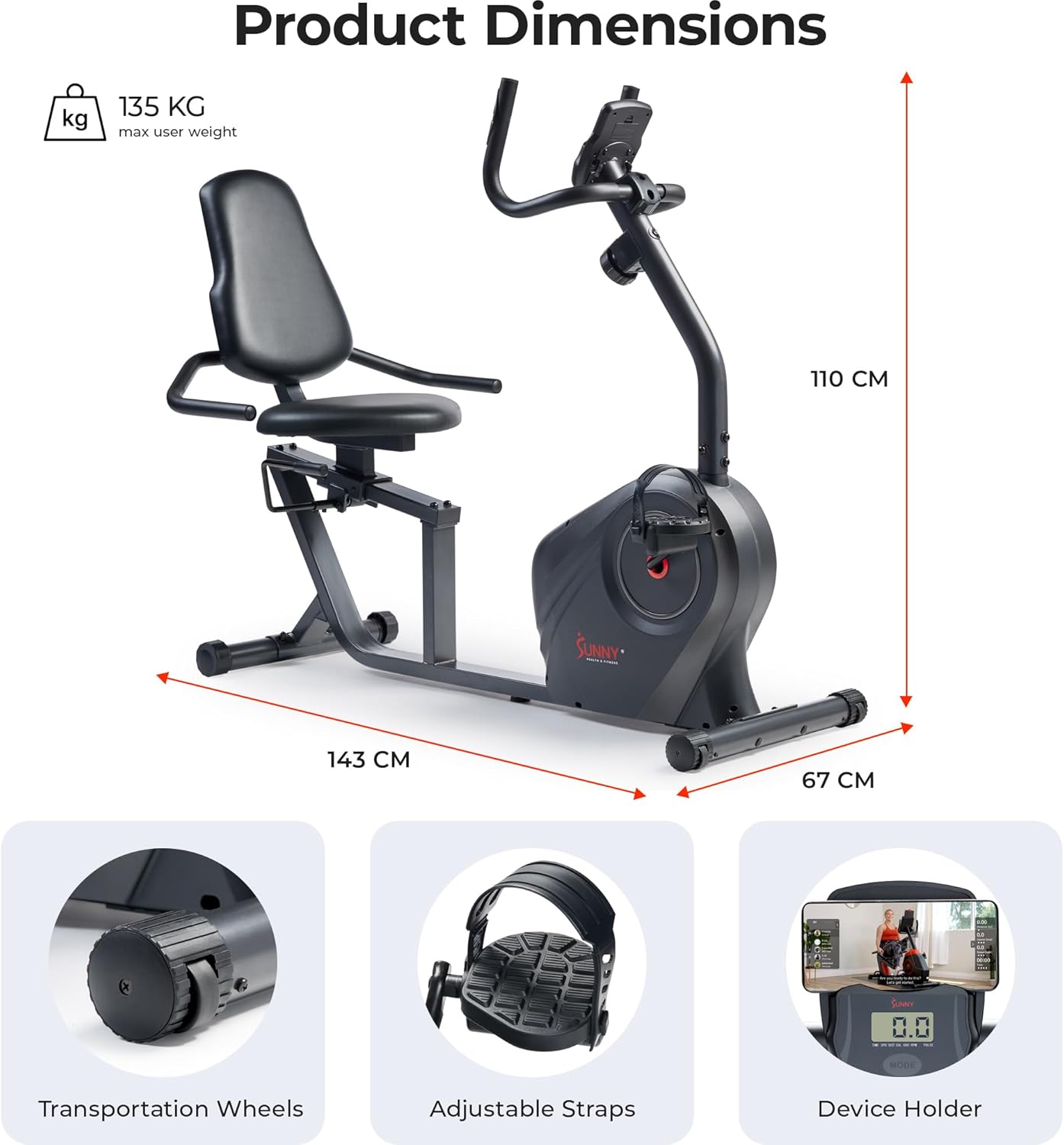 Sunny Health & Fitness Smart Heavy-Duty Recumbent Bike w/Wide Cushioned Seat & Back