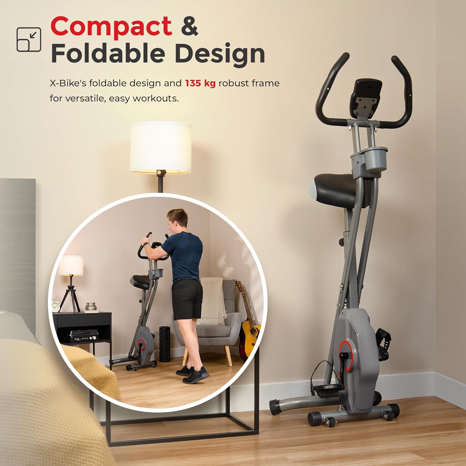 Sunny Health & Fitness Smart Folding X-Bike, Portable Compact Exercise Bike for Indoor Cycling Workout