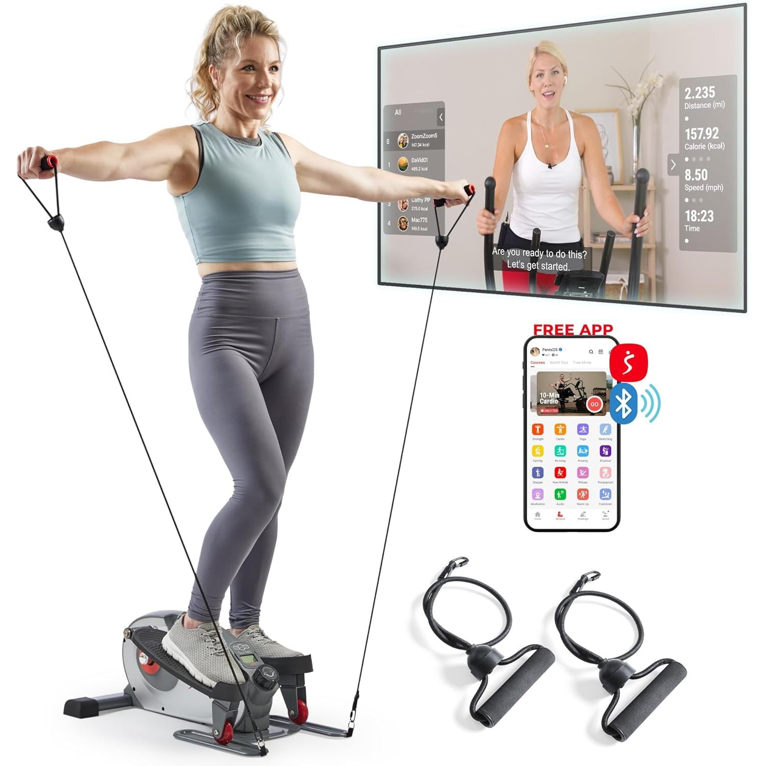Sunny Health & Fitness Smart Mini Elliptical w/Resistance Bands