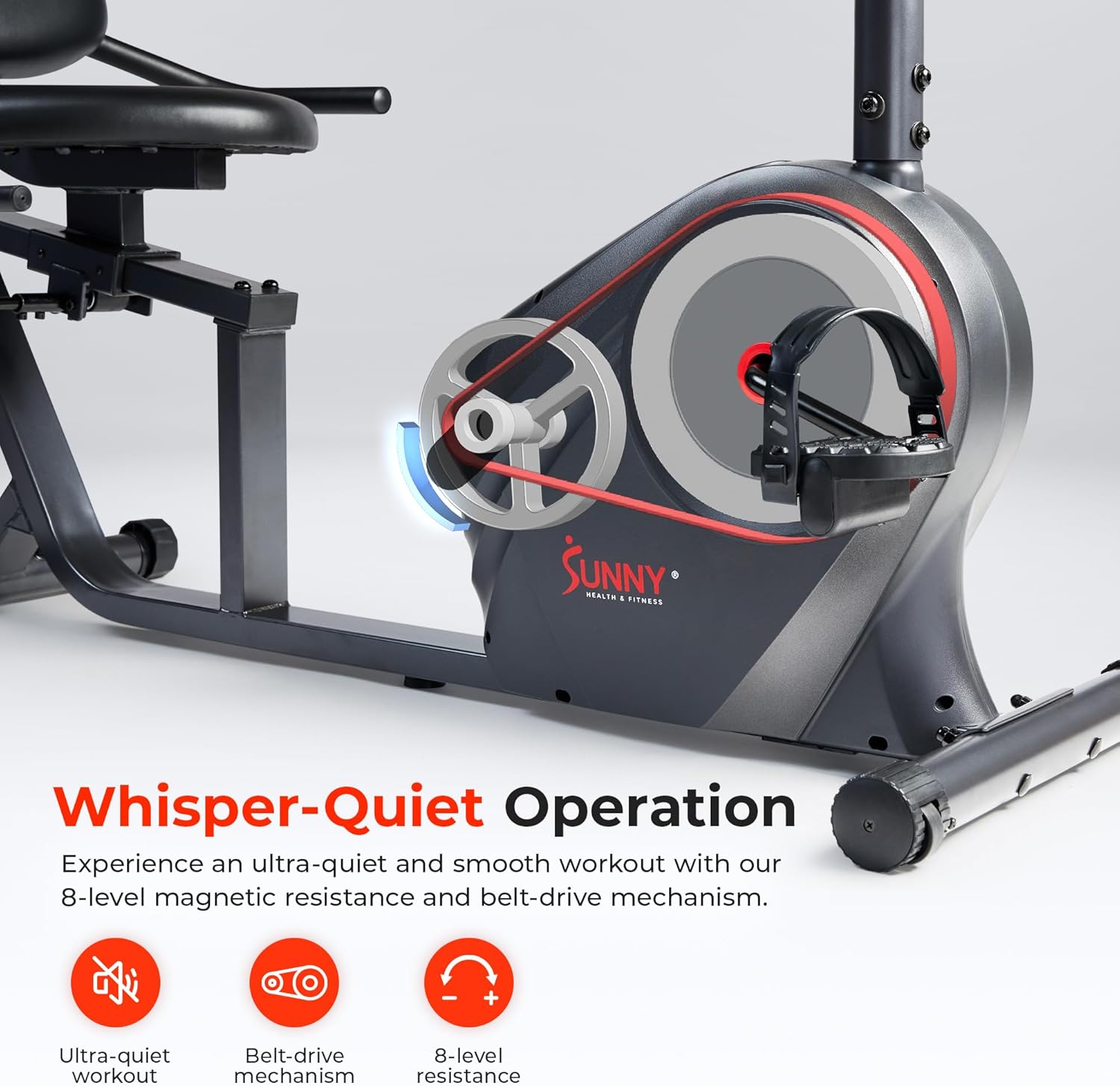 Sunny Health & Fitness Smart Heavy-Duty Recumbent Bike w/Wide Cushioned Seat & Back
