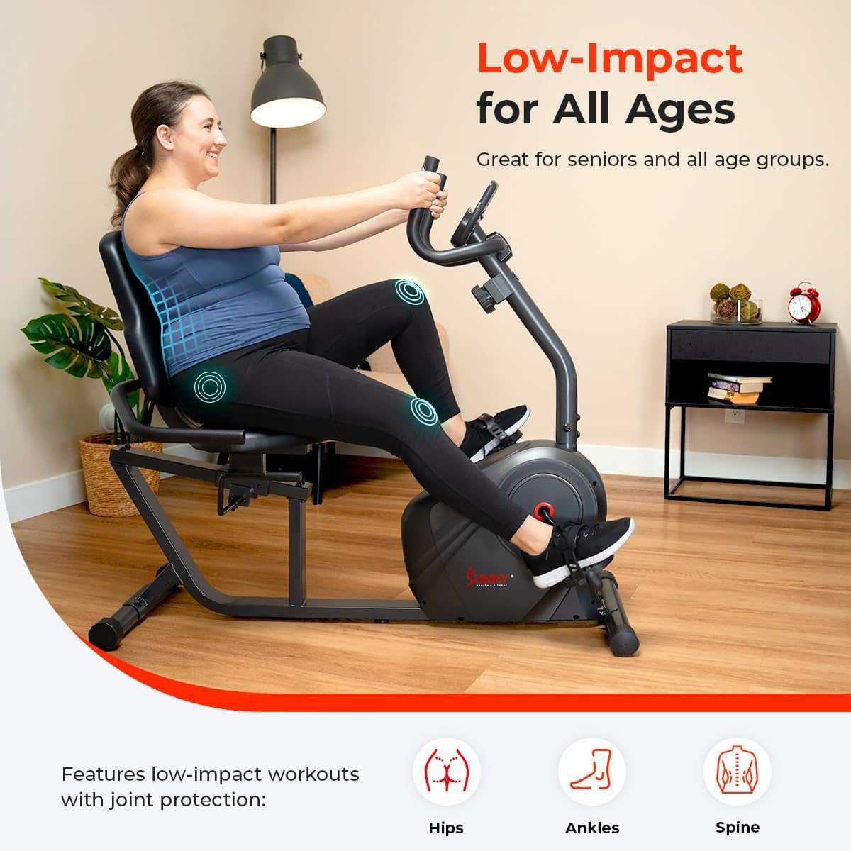 Sunny Health & Fitness Smart Heavy-Duty Recumbent Bike w/Wide Cushioned Seat & Back