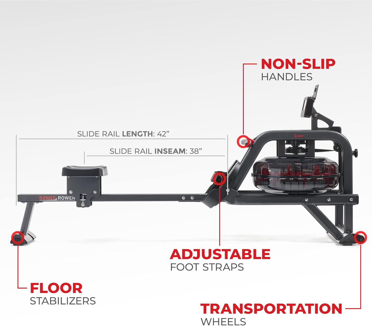 Sunny Health & Fitness Obsidian Surge Smart Water Rowing Machine with Dynamic Real-Time Resistance