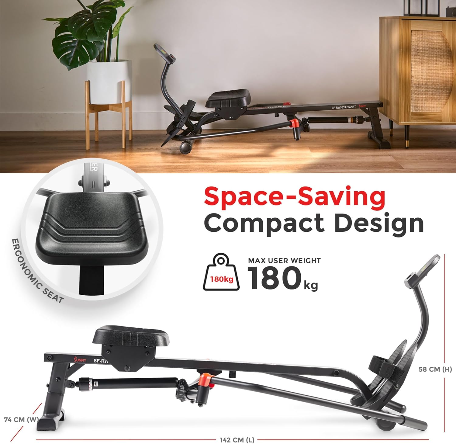 Sunny Health & Fitness Smart Compact Full-Motion Rowing Machine