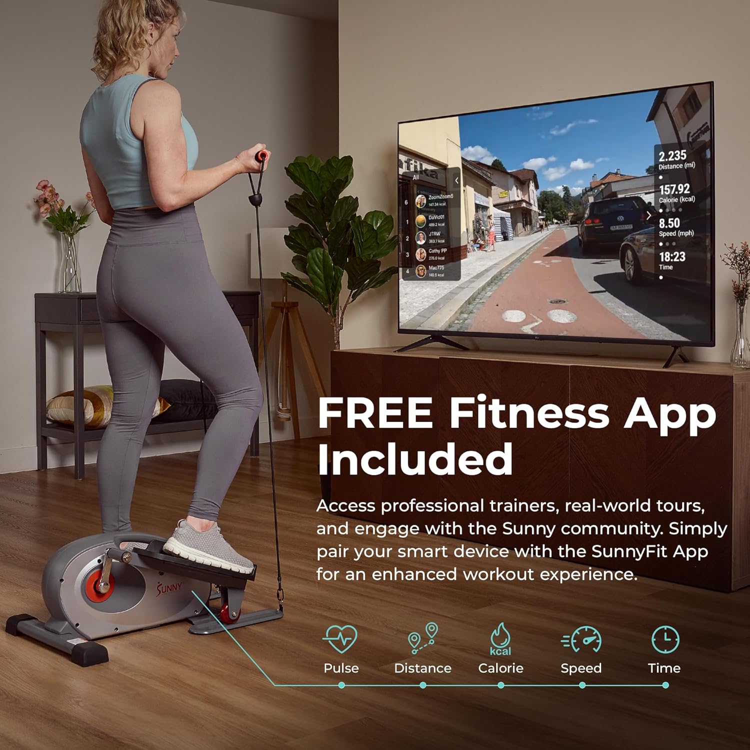 Sunny Health & Fitness Smart Mini Elliptical w/Resistance Bands