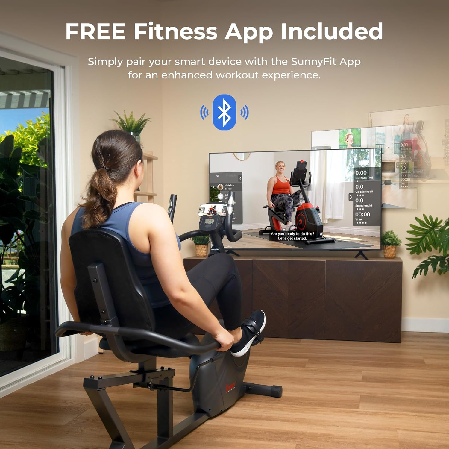 Sunny Health & Fitness Smart Heavy-Duty Recumbent Bike w/Wide Cushioned Seat & Back