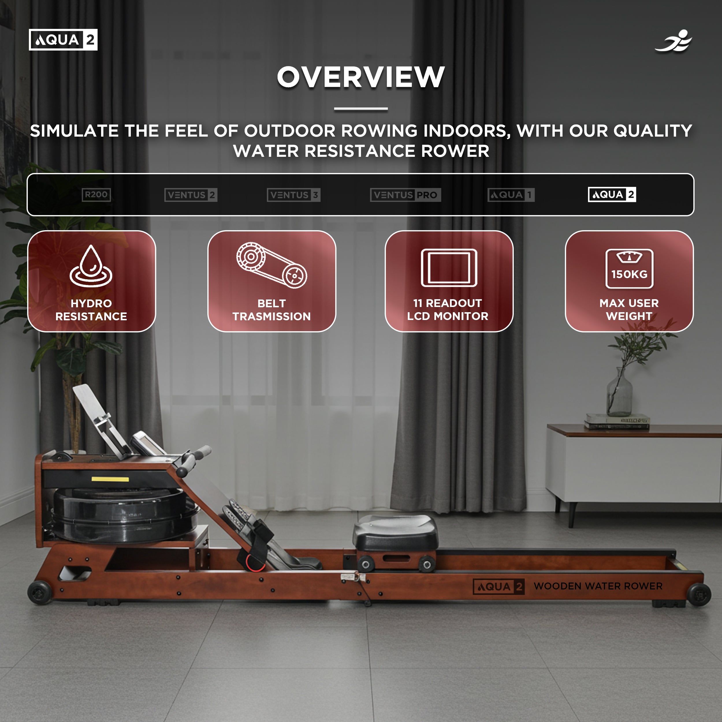 Aqua 2 Water Resistance Wooden Rowing Machine - Foldable Hydro Resistance Rower for Home Use, 9 Readout LCD Monitor