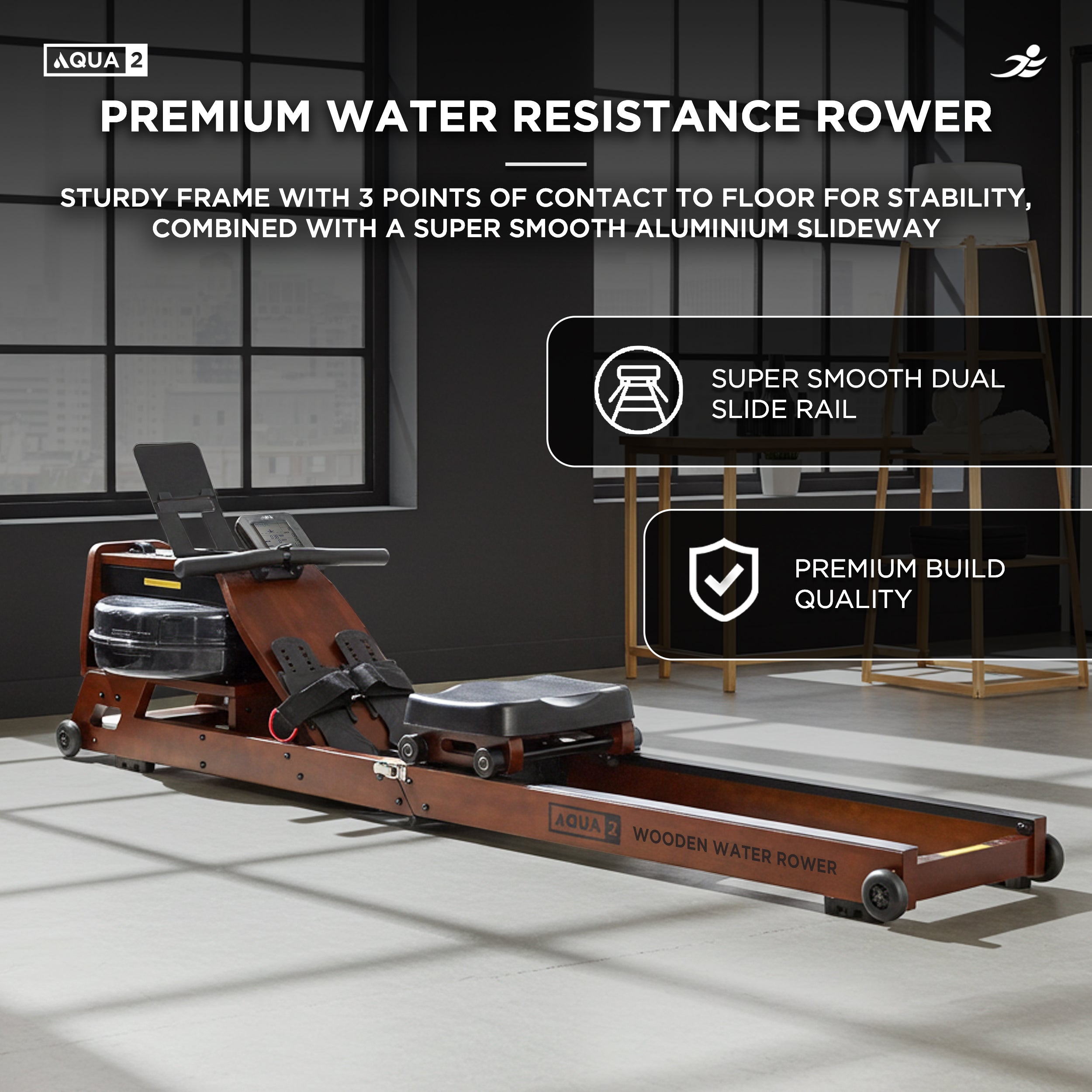 Aqua 2 Water Resistance Wooden Rowing Machine - Foldable Hydro Resistance Rower for Home Use, 9 Readout LCD Monitor
