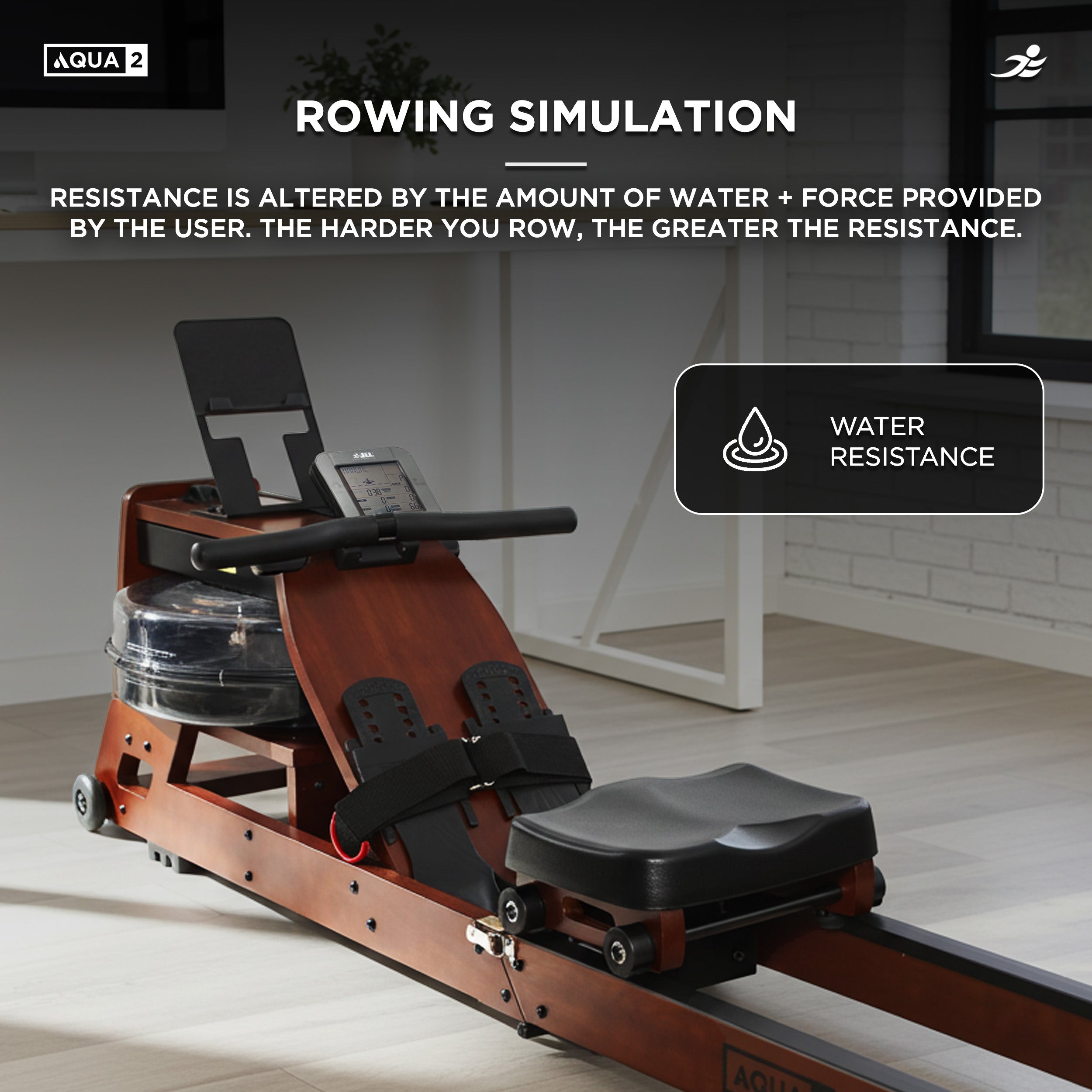 Aqua 2 Water Resistance Wooden Rowing Machine - Foldable Hydro Resistance Rower for Home Use, 9 Readout LCD Monitor