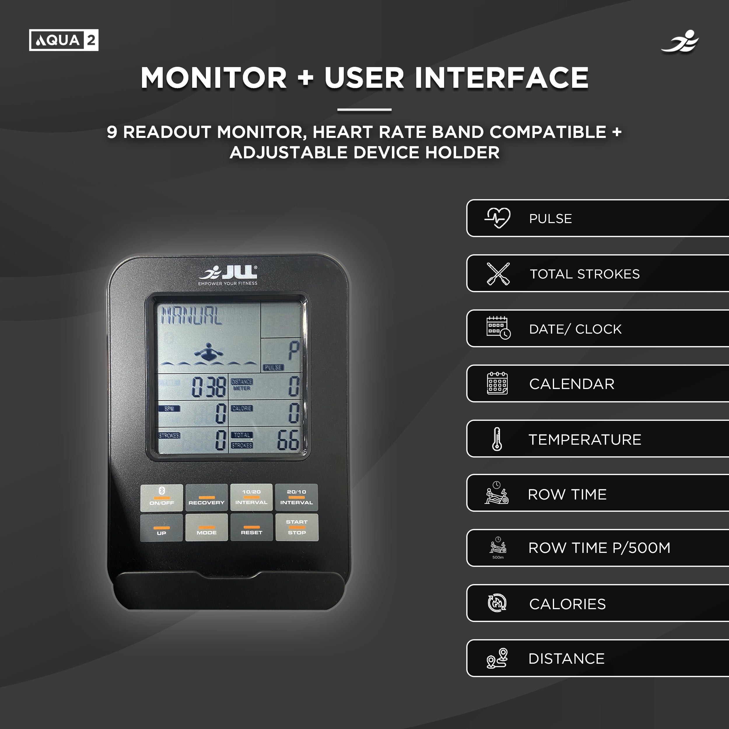 Aqua 2 Water Resistance Wooden Rowing Machine - Foldable Hydro Resistance Rower for Home Use, 9 Readout LCD Monitor
