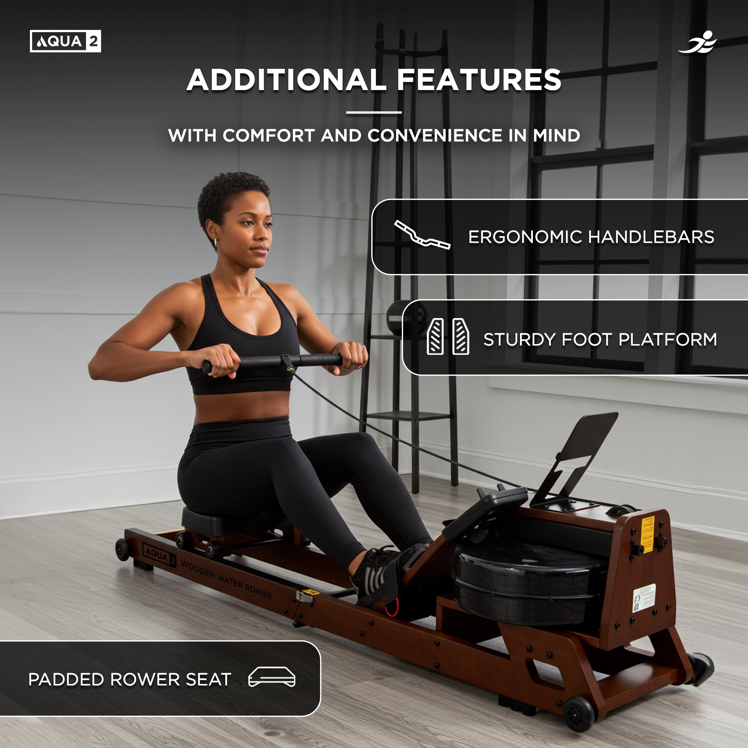 Aqua 2 Water Resistance Wooden Rowing Machine - Foldable Hydro Resistance Rower for Home Use, 9 Readout LCD Monitor