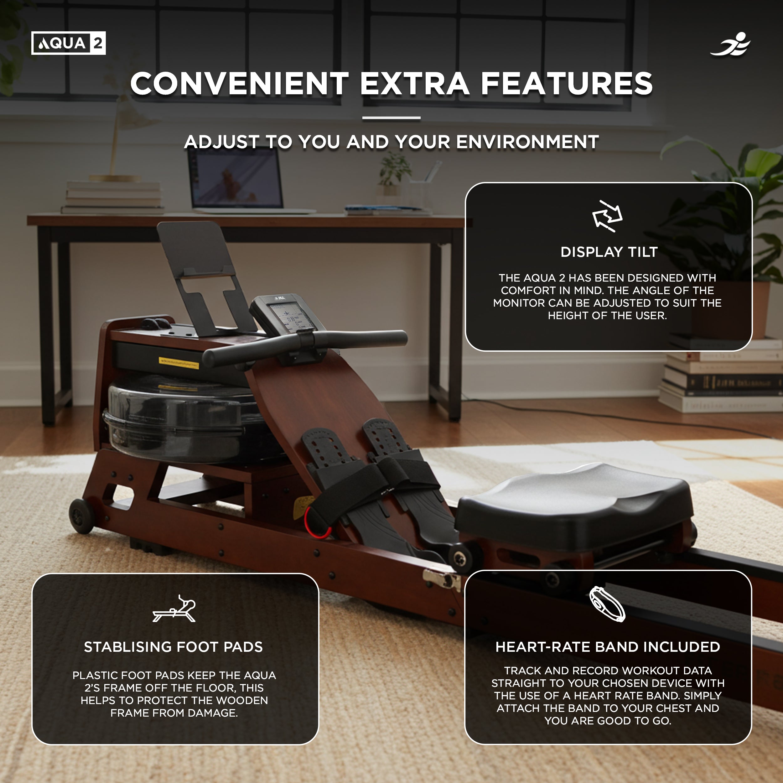 Aqua 2 Water Resistance Wooden Rowing Machine - Foldable Hydro Resistance Rower for Home Use, 9 Readout LCD Monitor