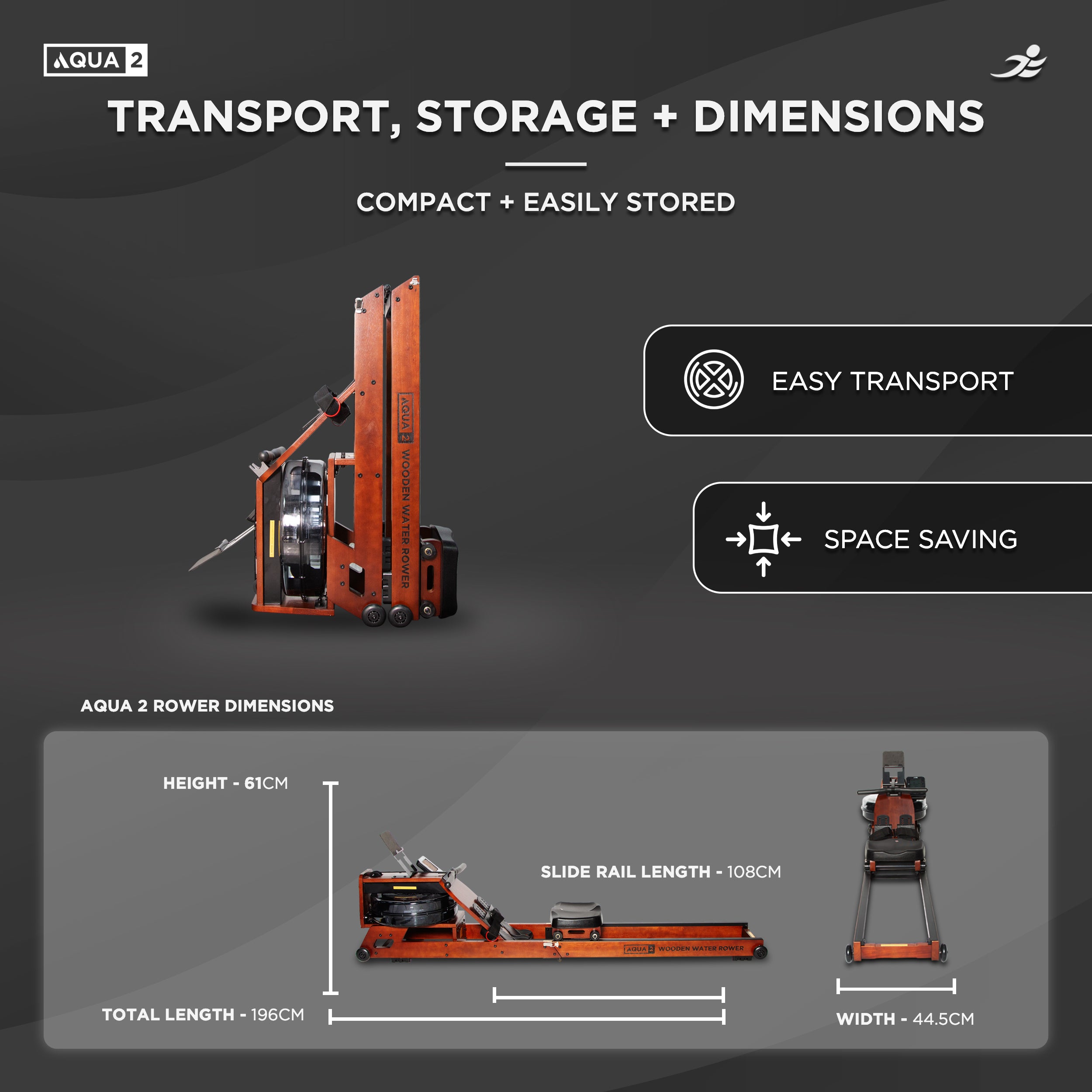 Aqua 2 Water Resistance Wooden Rowing Machine - Foldable Hydro Resistance Rower for Home Use, 9 Readout LCD Monitor