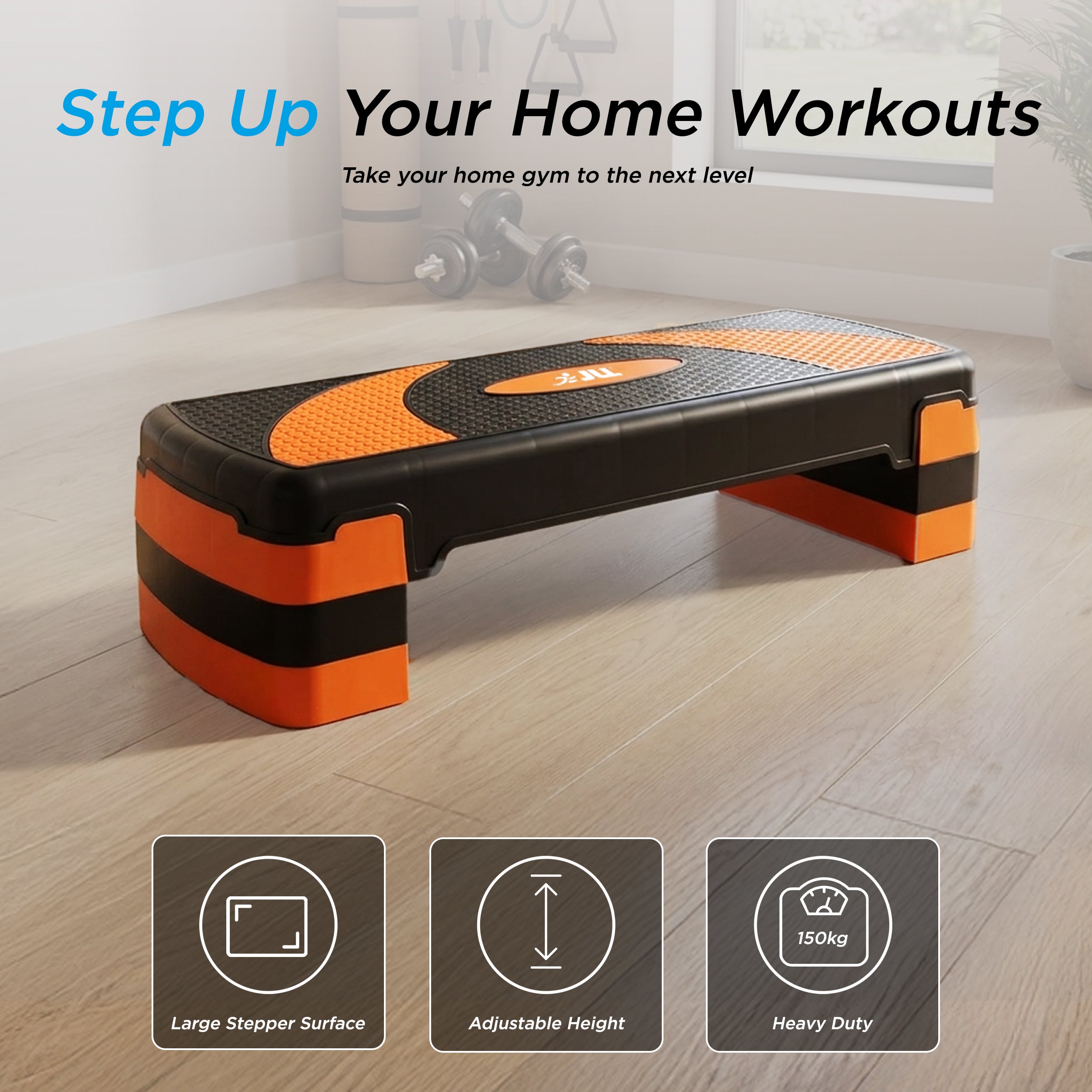 An orange and black step platform shown in a bright indoor room with wood flooring, with promotional text at the top and three feature icons at the bottom.