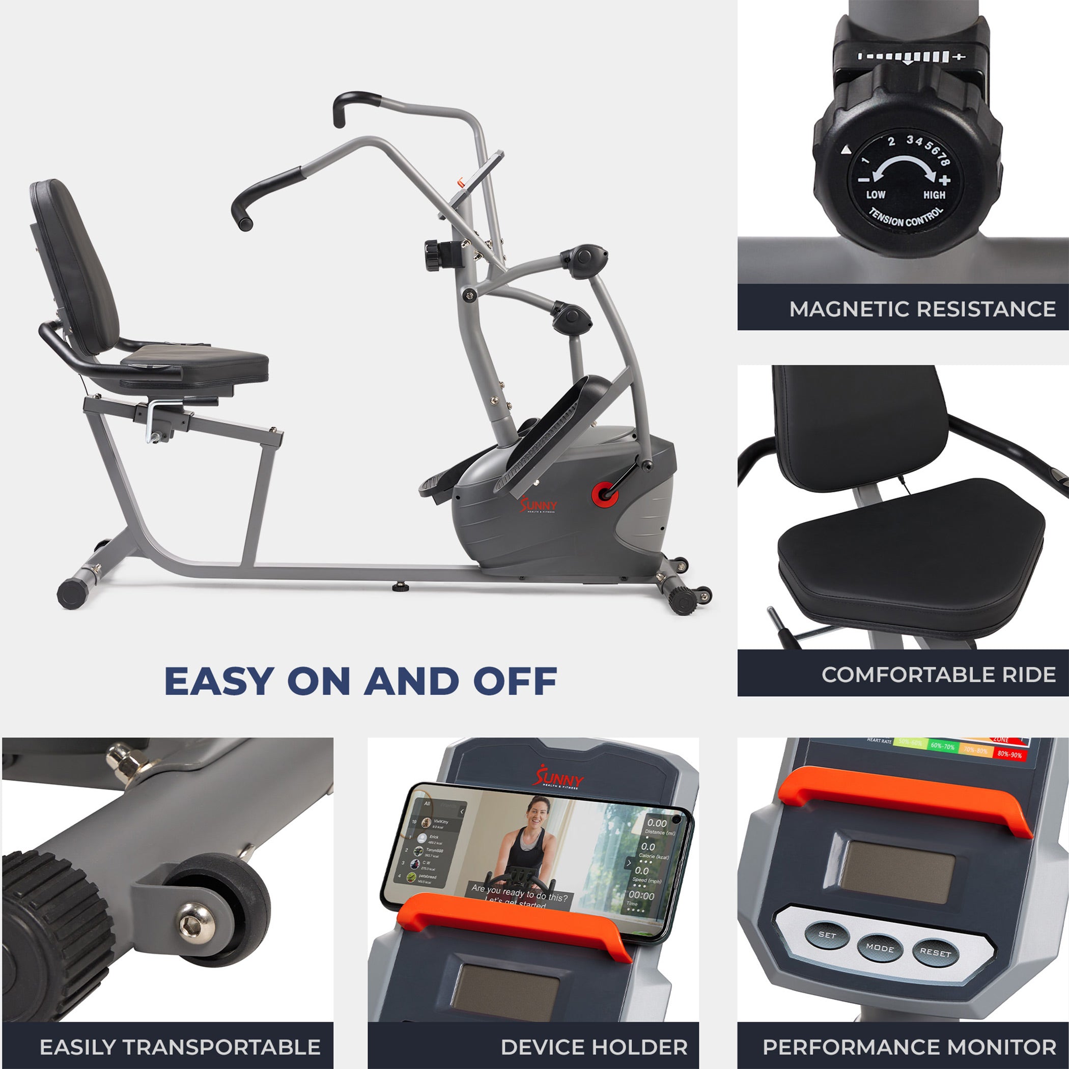 Sunny Health & Fitness Performance Interactive Recumbent Cross Trainer Elliptical Bike