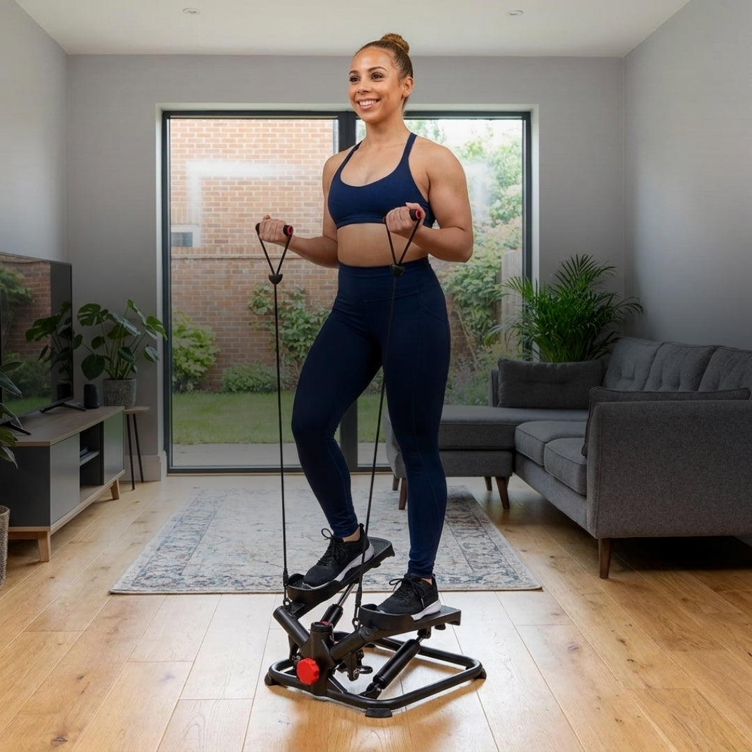 Woman exercising on a step machine in a modern living room.