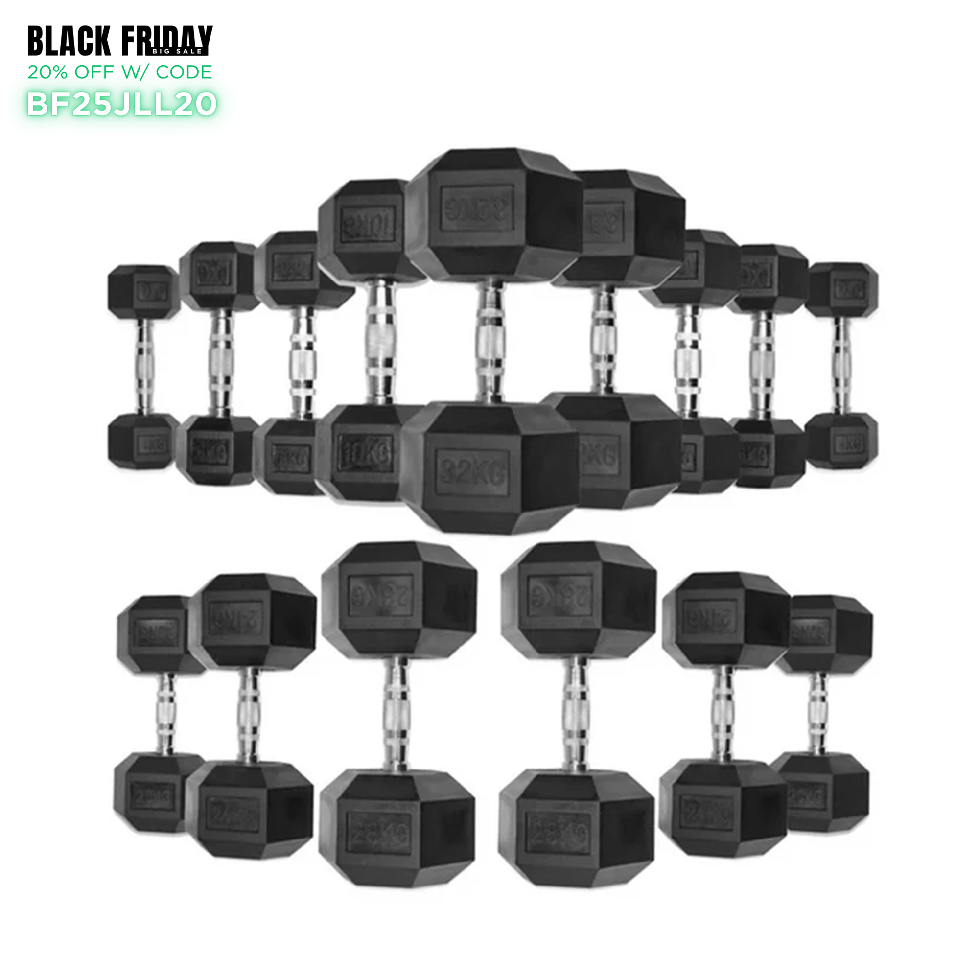 Rubber Hex Dumbbells 4kg - 32kg