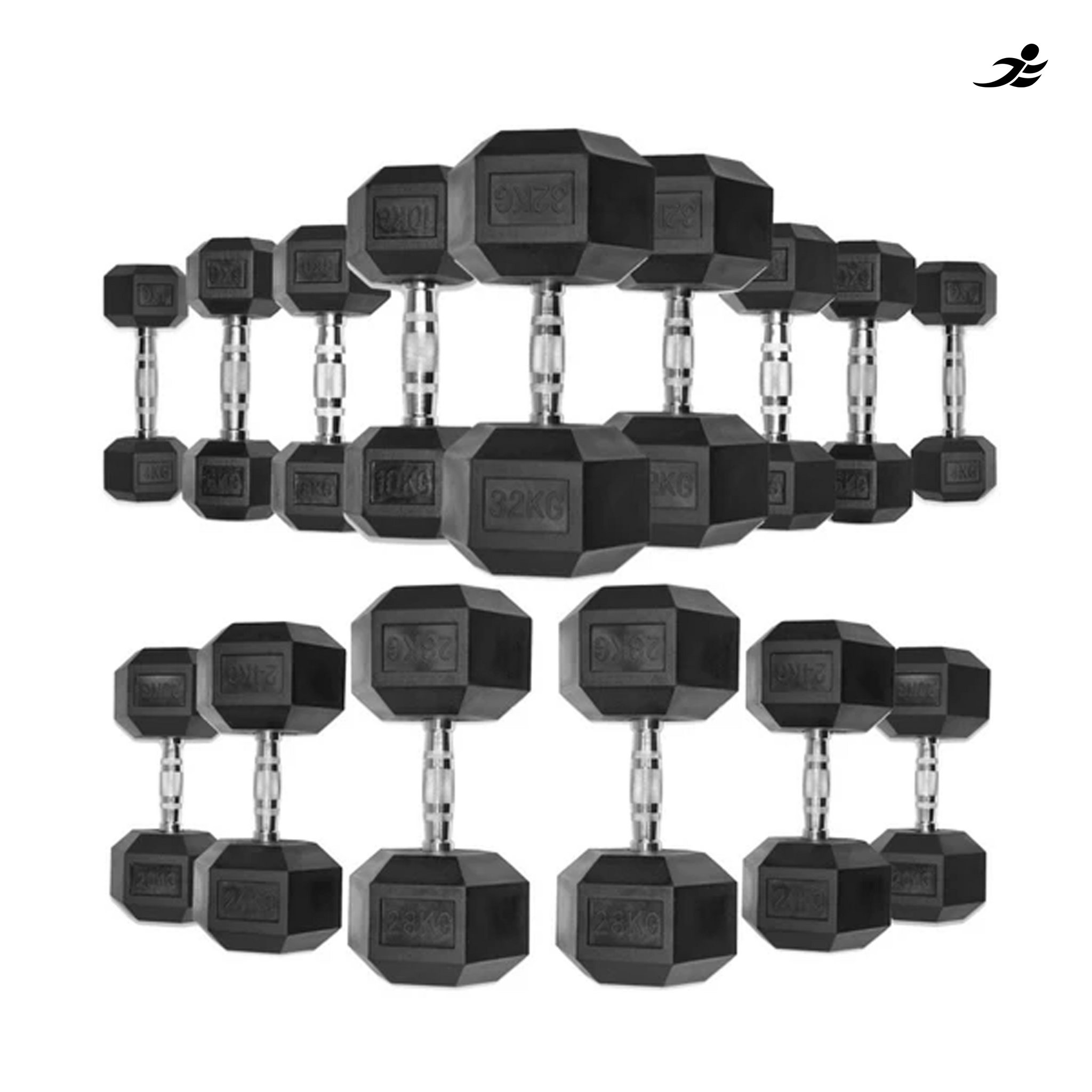 JLL Fitness Black Rubber Hex Dumbbells 4kg 32kg - Main Image