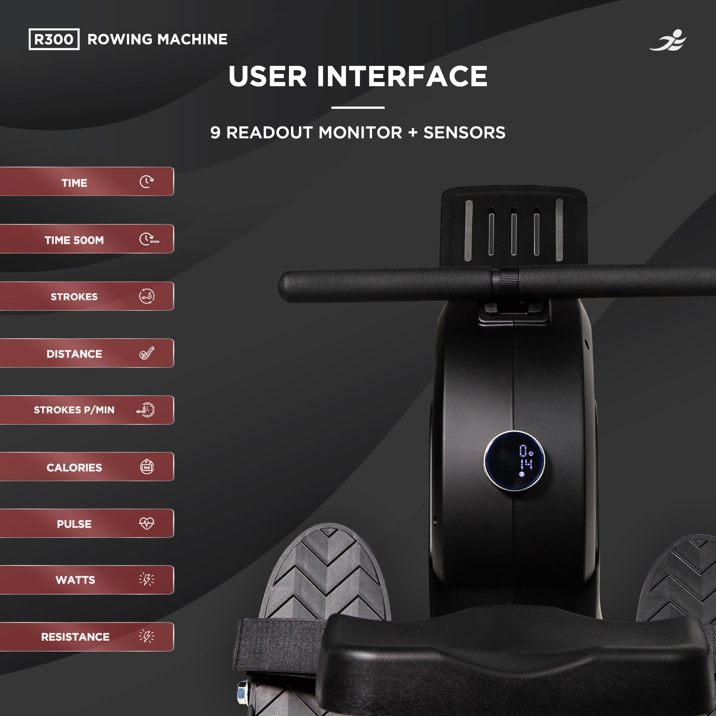 R300 Rowing Machine - Electro-Magnetic Resistance Rower w/ App Connectivity for Home Use, 9 Readout LCD Monitor