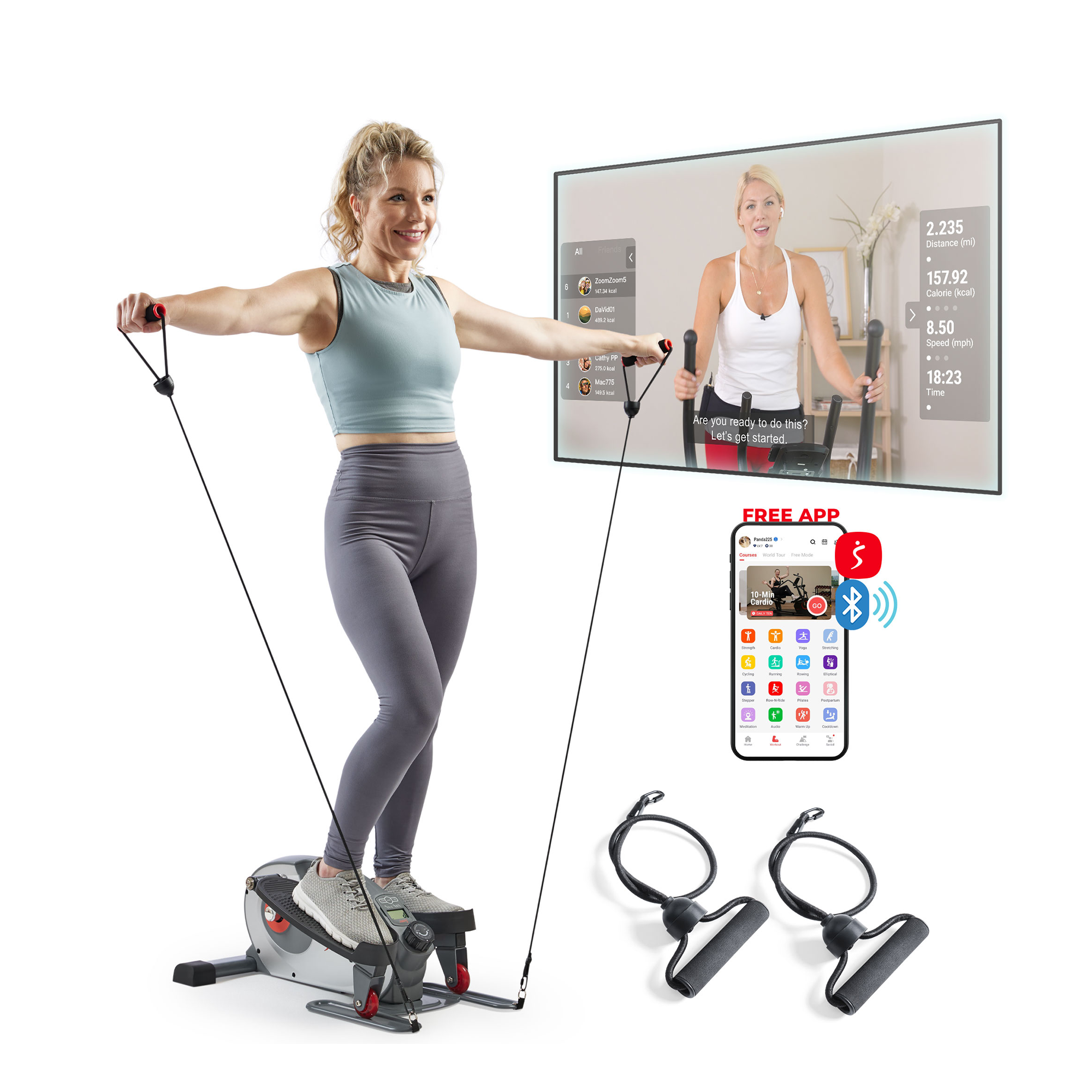 Sunny Health & Fitness Smart Mini Elliptical w/Resistance Bands