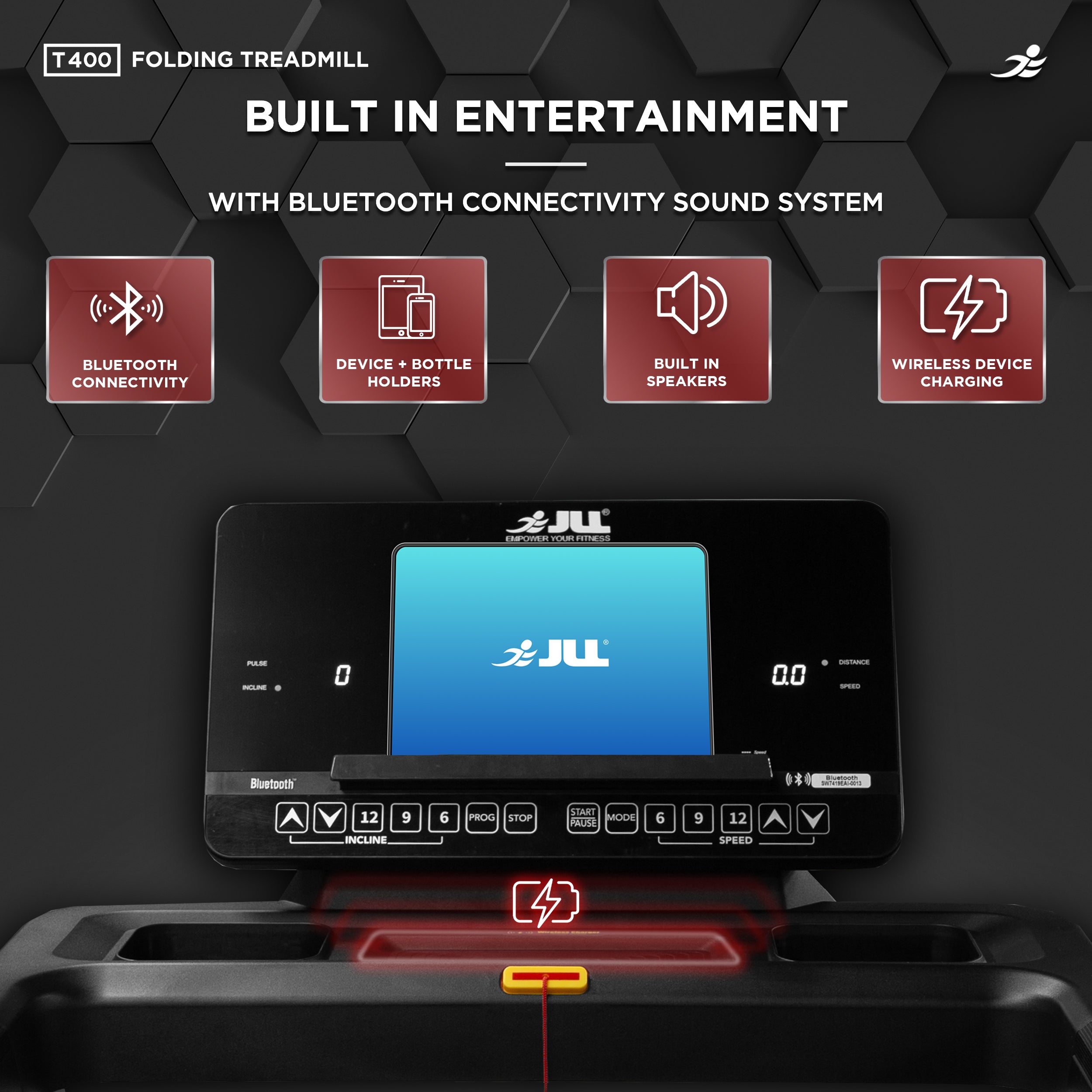 JLL T400 Folding Home Treadmill - 2.5HP Motor, 20 Incline Levels, 1km/h - 18km/h Speed Range