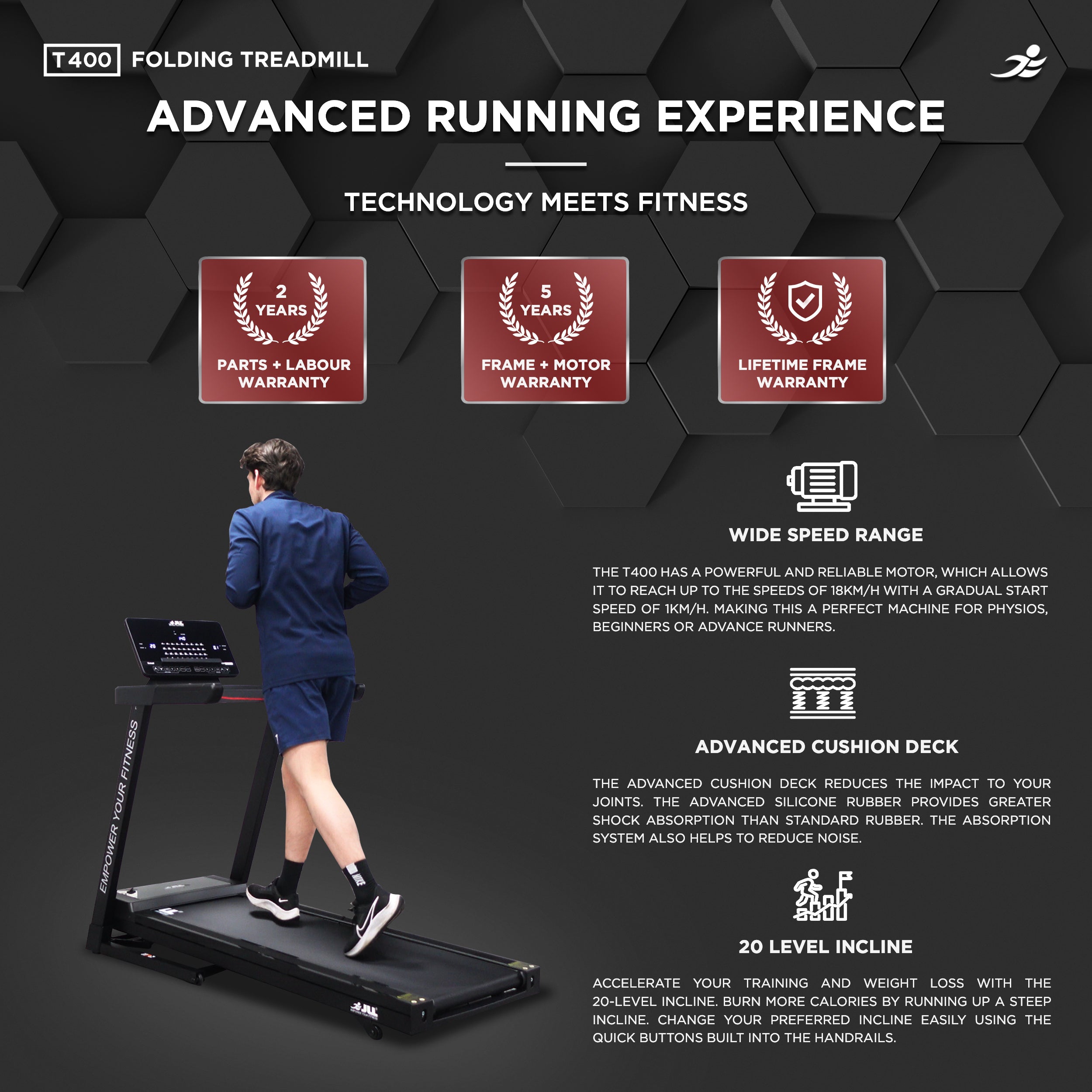 JLL T400 Folding Home Treadmill - 2.5HP Motor, 20 Incline Levels, 1km/h - 18km/h Speed Range