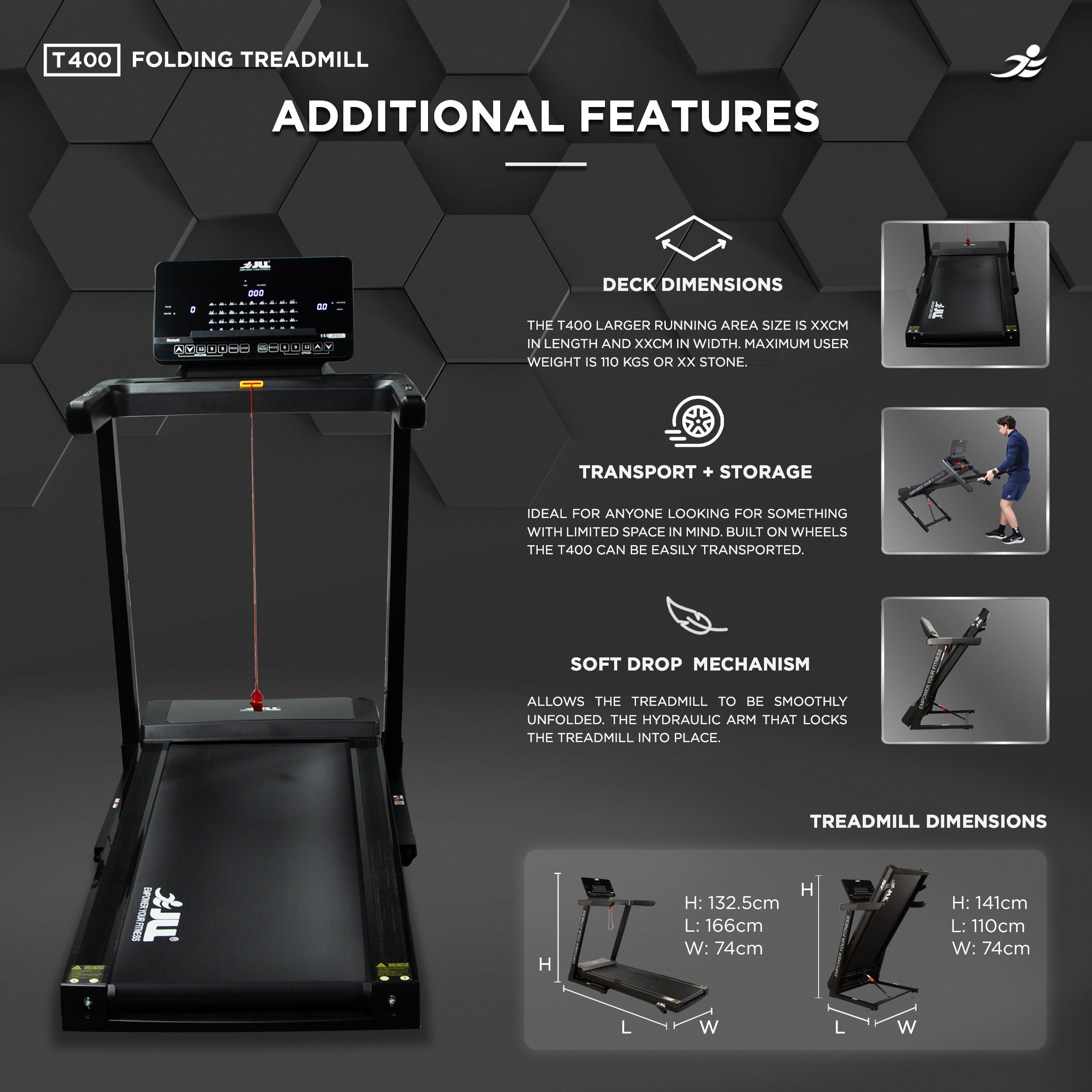 JLL T400 Folding Home Treadmill - 2.5HP Motor, 20 Incline Levels, 1km/h - 18km/h Speed Range