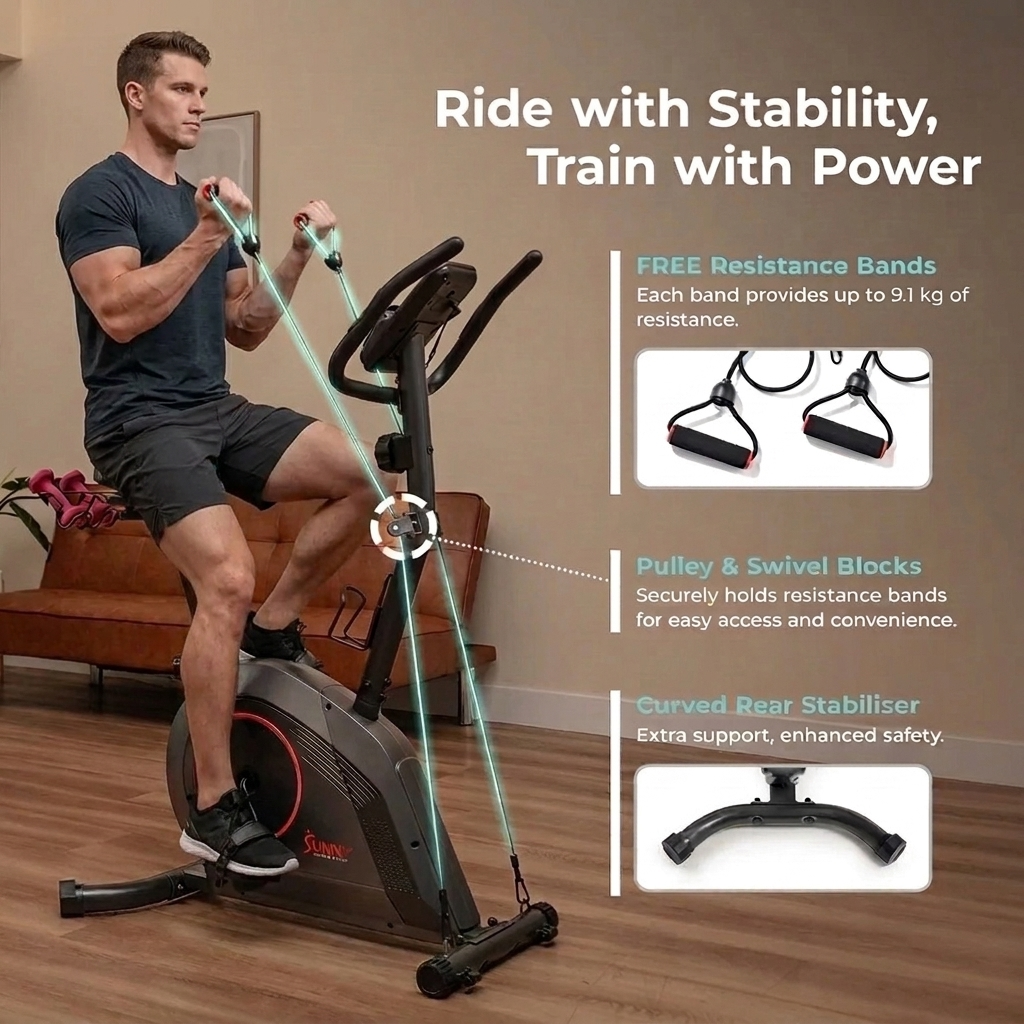 16-Level Magnetic Resistance Upright Bike with workout bands