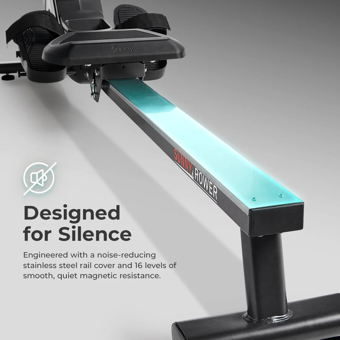 Sunny Fitness Smart Magetic Rowing Machine with a caption stating that it is designed for slience