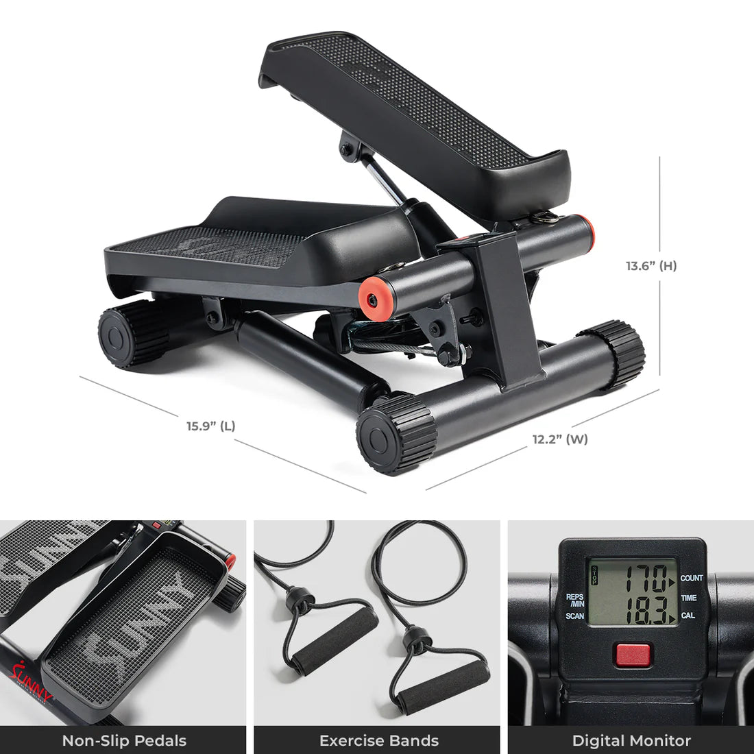Step machine with digital monitor, non-slip pedals, and exercise bands on a white background