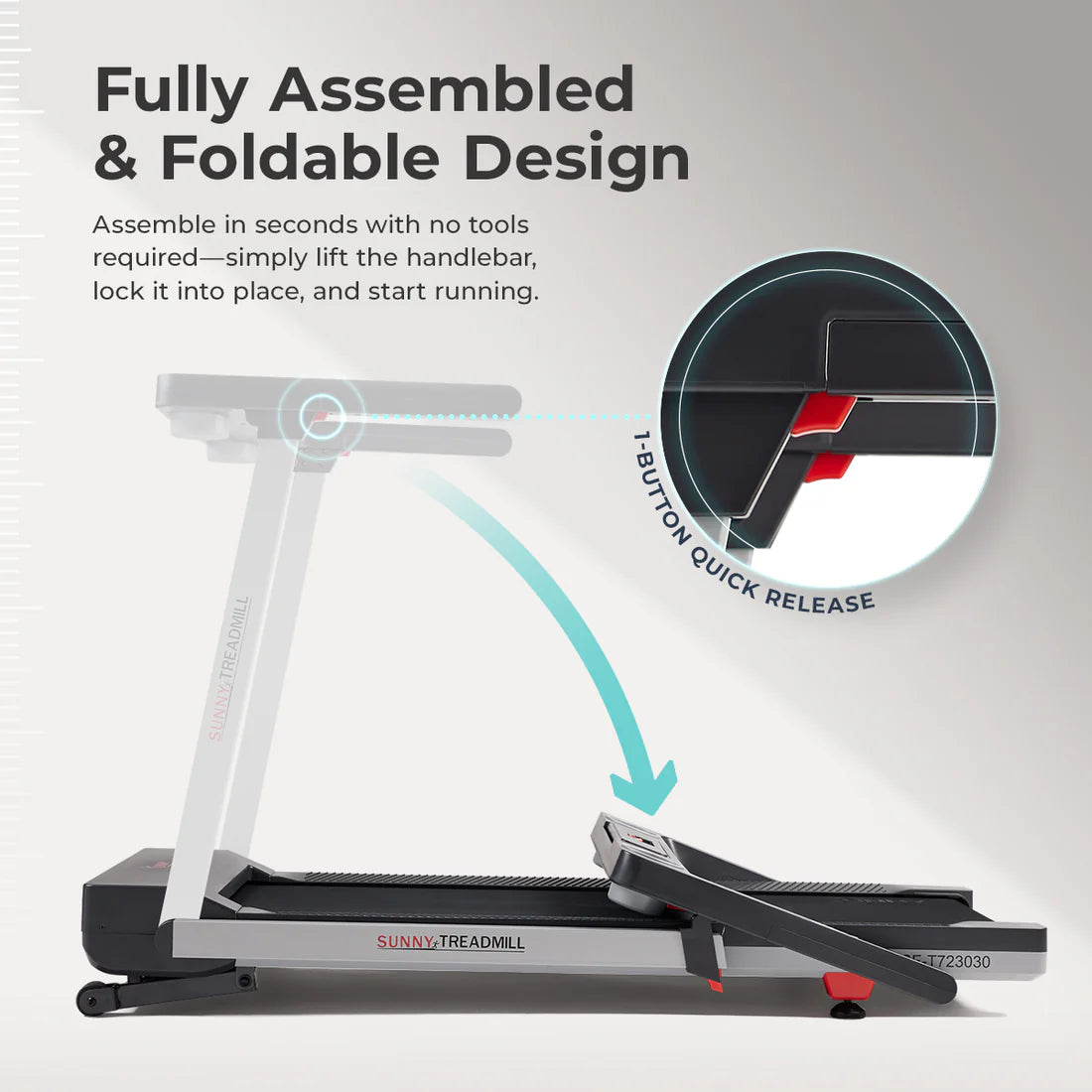 Foldable treadmill with assembly instructions on a gray background