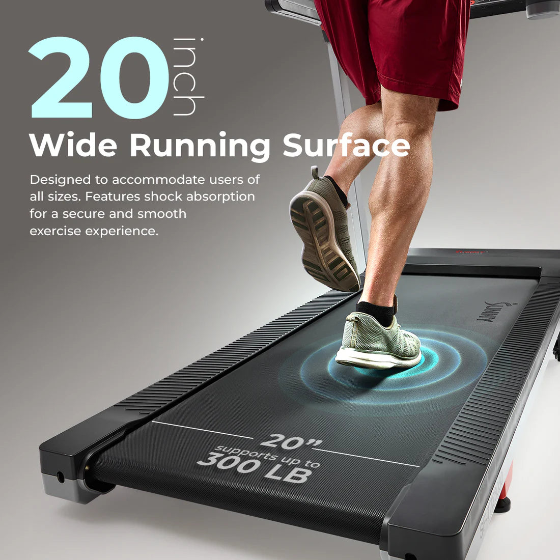 Treadmill with a wide running surface, showing a person walking on it.