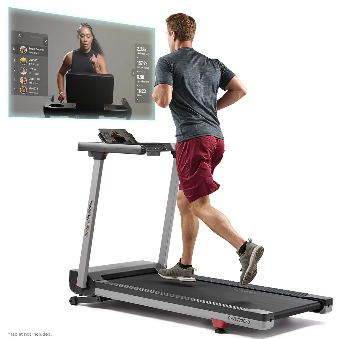 Man using a treadmill with a screen displaying a workout interface.