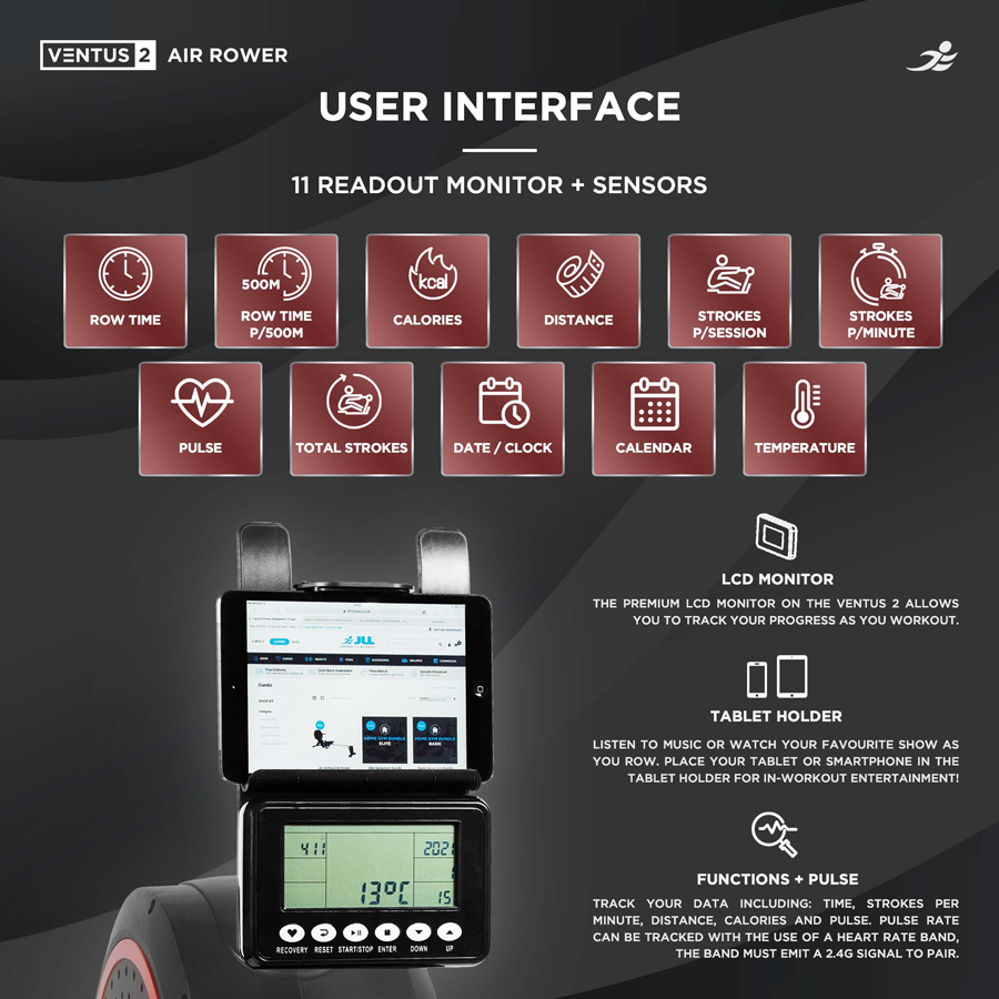 Ventus 2 Air Rowing Machine - Foldable Air and Magnetic Dual Resistance Rower for Home Use, 11 Readout LCD Monitor
