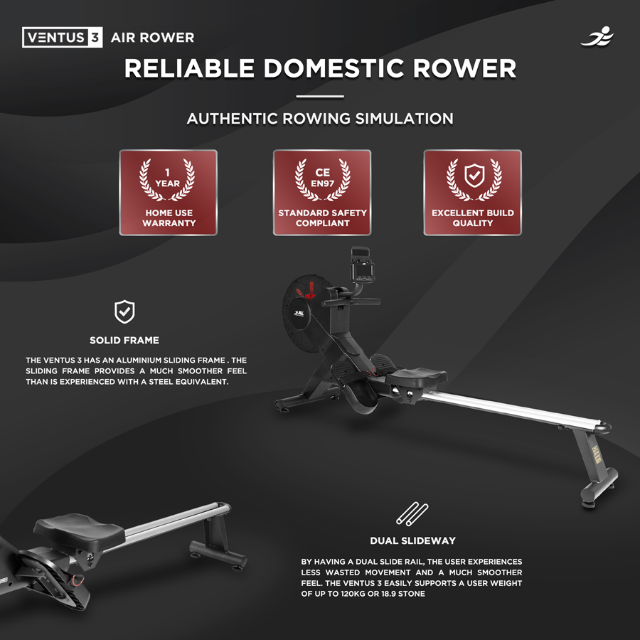 Ventus 3 Air Rowing Machine - Air and Electro-Magnetic Dual Resistance Rower for Home Use, 11 Readout LCD Monitor