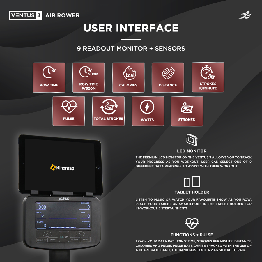 Ventus 3 Air Rowing Machine - Air and Electro-Magnetic Dual Resistance Rower for Home Use, 11 Readout LCD Monitor