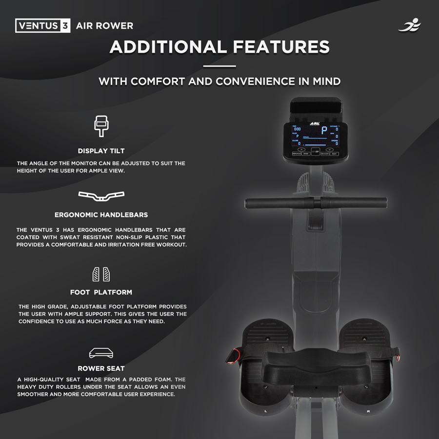 Ventus 3 Air Rowing Machine - Air and Electro-Magnetic Dual Resistance Rower for Home Use, 11 Readout LCD Monitor