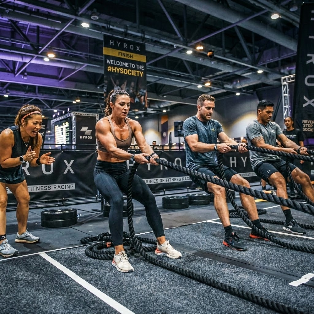 A muscular woman, supported by a clapping teammate, leads two men in a multi-person sled pull during an intense HYROX fitness racing event.
