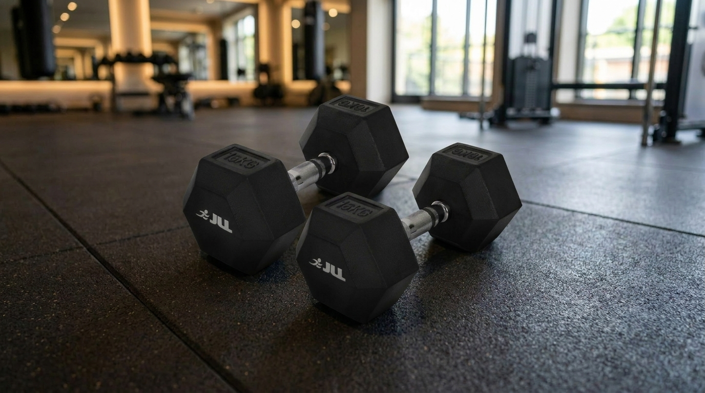 A pair of black rubber hex dumbbells resting on a dark, textured gym floor with a blurred fitness center background.