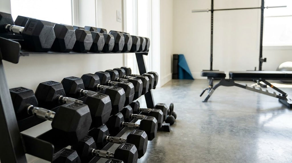 A professional weight rack filled with a wide range of weights, featuring black rubber hex dumbbell sets of various sizes for progressive overload training.