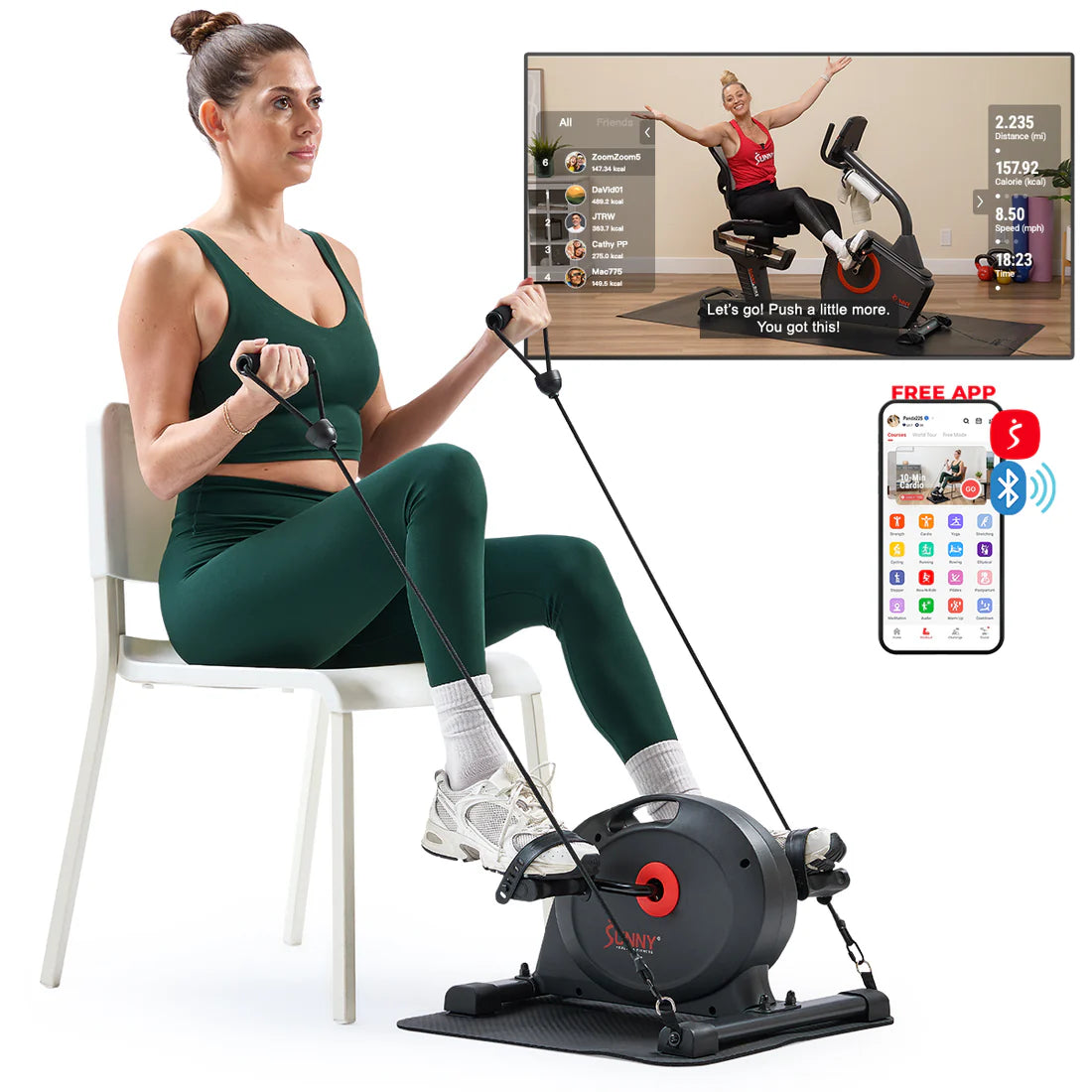 Woman exercising on a home gym machine with a TV screen displaying an app interface.