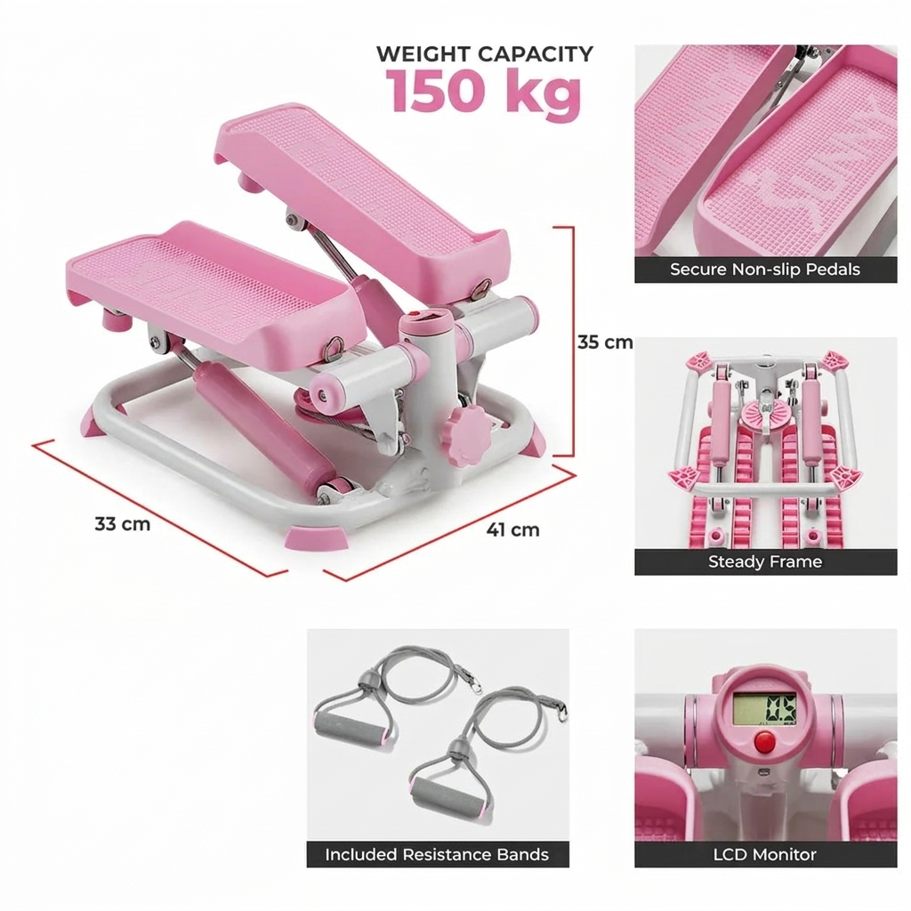 Smart Pink Mini Stepper With Resistance Bands