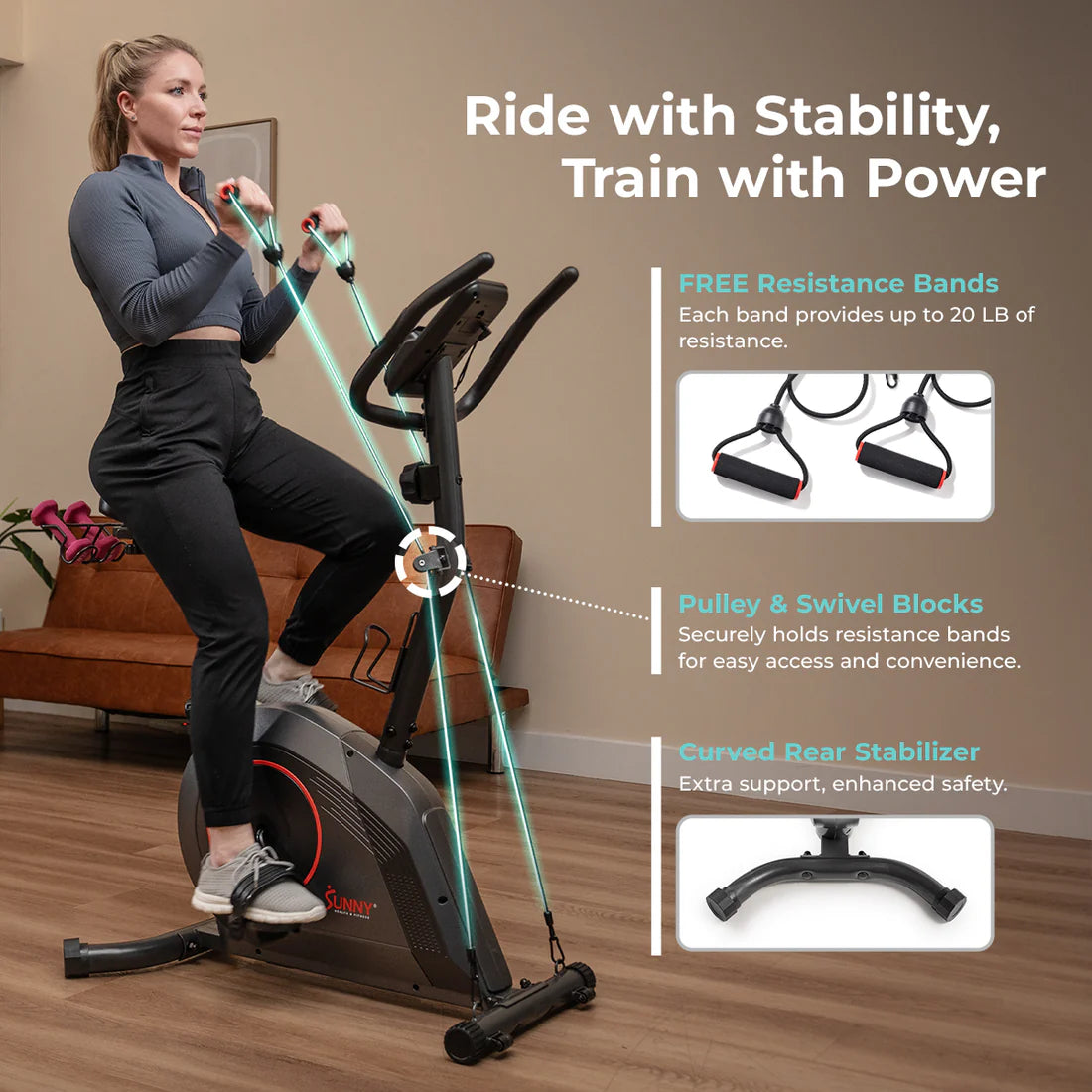 16-Level Magnetic Resistance Upright Bike with workout bands