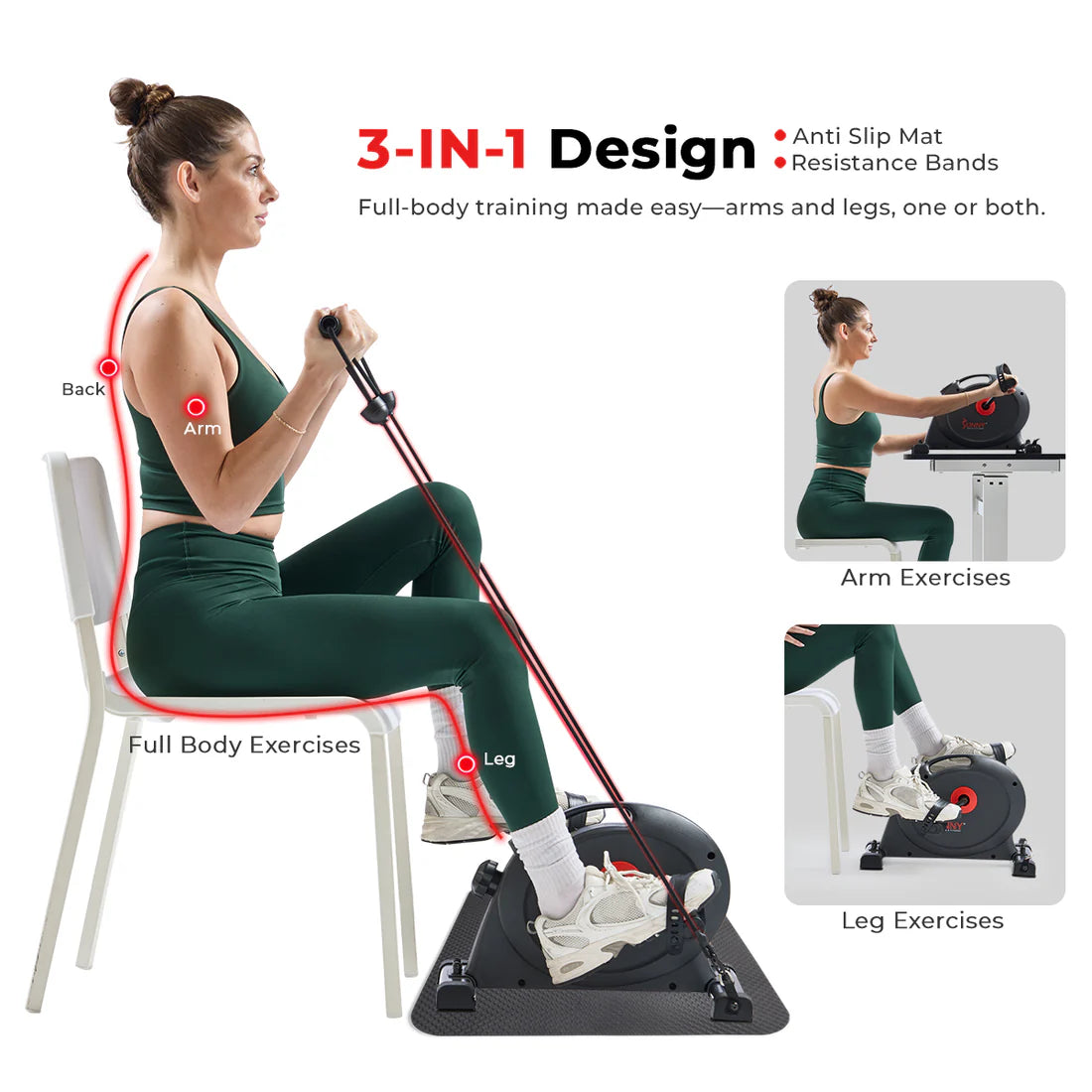 Woman using a 3-in-1 exercise device with text highlighting its features.